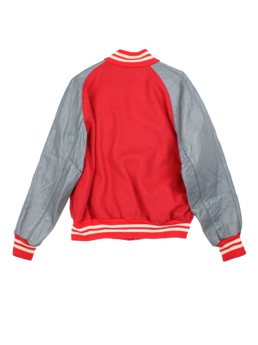 Vintage Varsity Letterman Jacket in a red colourway with grey sleeve panelling. Buttons up with side pockets and 'WL' lettering on the front.