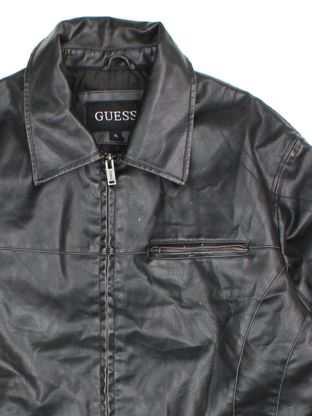 Guess Leather Jacket in a black colourway. Zip fastening with multiple zip pockets, fully lined.
