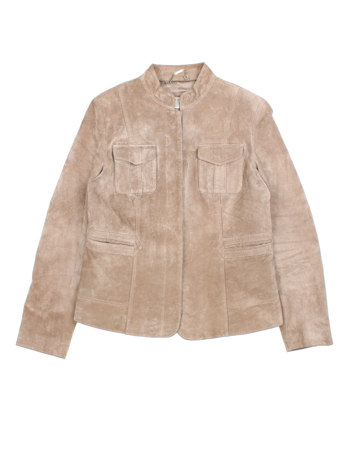 Laura Ashely Suede Leather Jacket in a tan colourway. Zip fastening with multiple pockets and fully lined.