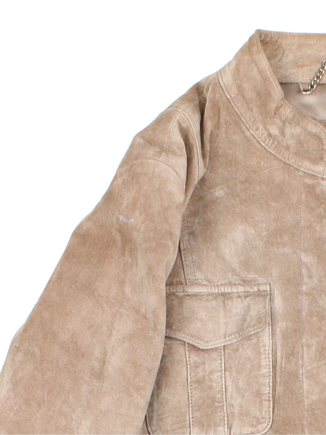 Laura Ashely Suede Leather Jacket in a tan colourway. Zip fastening with multiple pockets and fully lined.