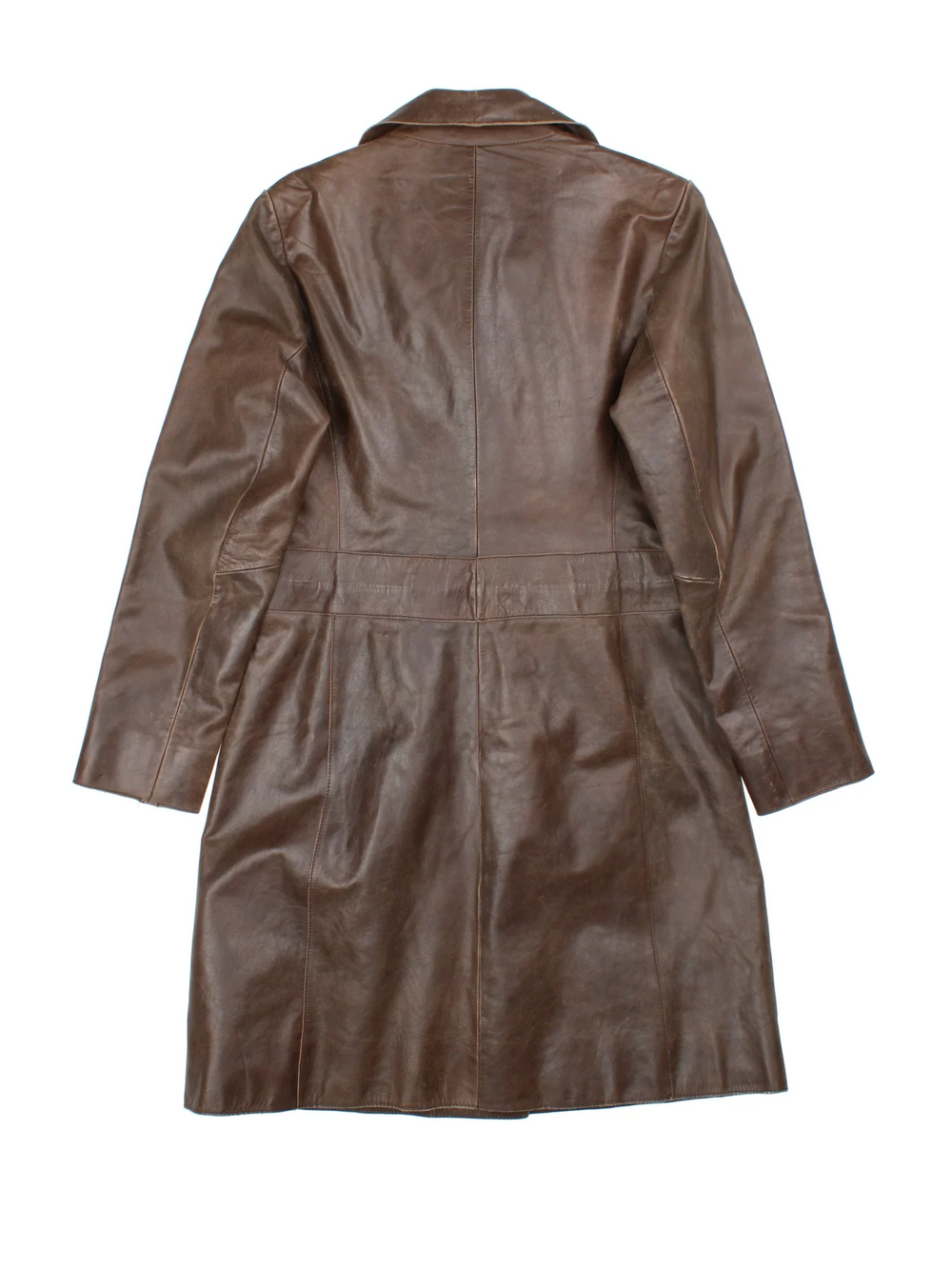 Vintage Y2K Leather Trench Coat in a brown colourway. Popper button fastening with side pockets and fully lined.