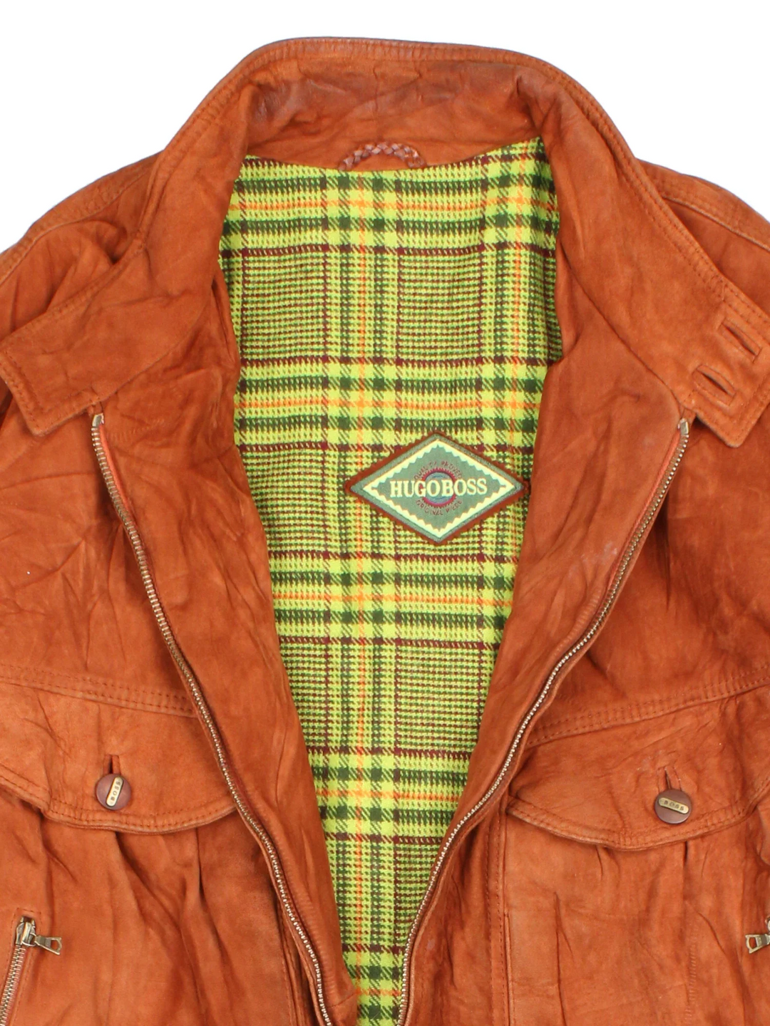 Vintage Hugo Boss Leather Bomber Jacket in a brown colourway. Zip fastening with multiple pockets and contrast elasticated cuffs.