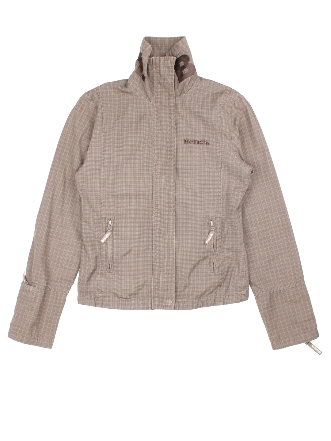 Y2K Bench Jacket in a brown colourway. Zip fastening with side zip pockets and embroidered branding on front/collar.