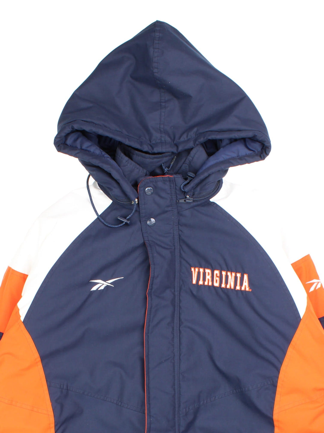 Vintage University Of Virginia Reebok Sports Coats in a blue, orange and white colourway. Zips up and has side pockets, insulated with a quilted lining, detachable hood, and has the logos embroidered on the front on the front and back.