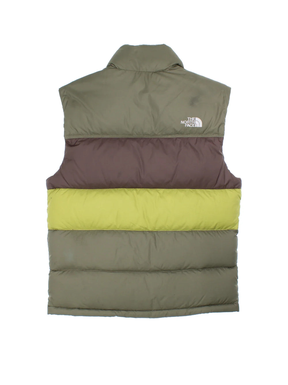 The North Face 700 Gilet in a green colourway with tonal stripe panelling, two pockets, full zip and small classic logo on the front.
