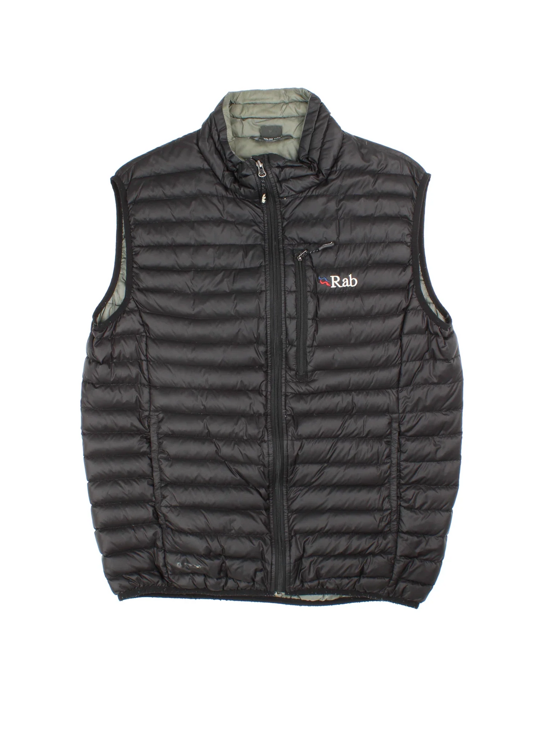 Rab Quilted Gilet in a black colourway with grey lining. Full zip and double pocket on the front with small classic logo on the chest