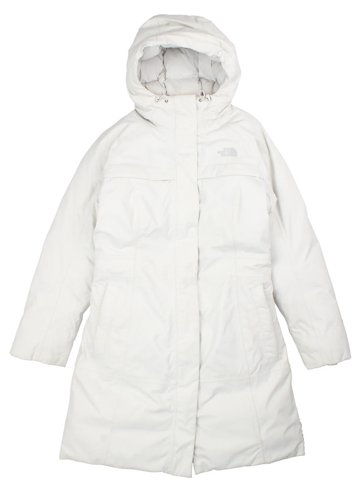 The North Face Hyvent Parka Coat in a white colourway. Goose down stuffing with full zip, side pockets and has the classic logo embroidered on the front.