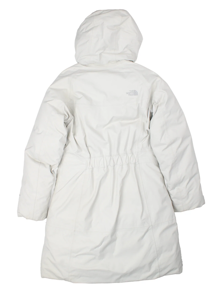 The North Face Hyvent Parka Coat in a white colourway. Goose down stuffing with full zip, side pockets and has the classic logo embroidered on the front.