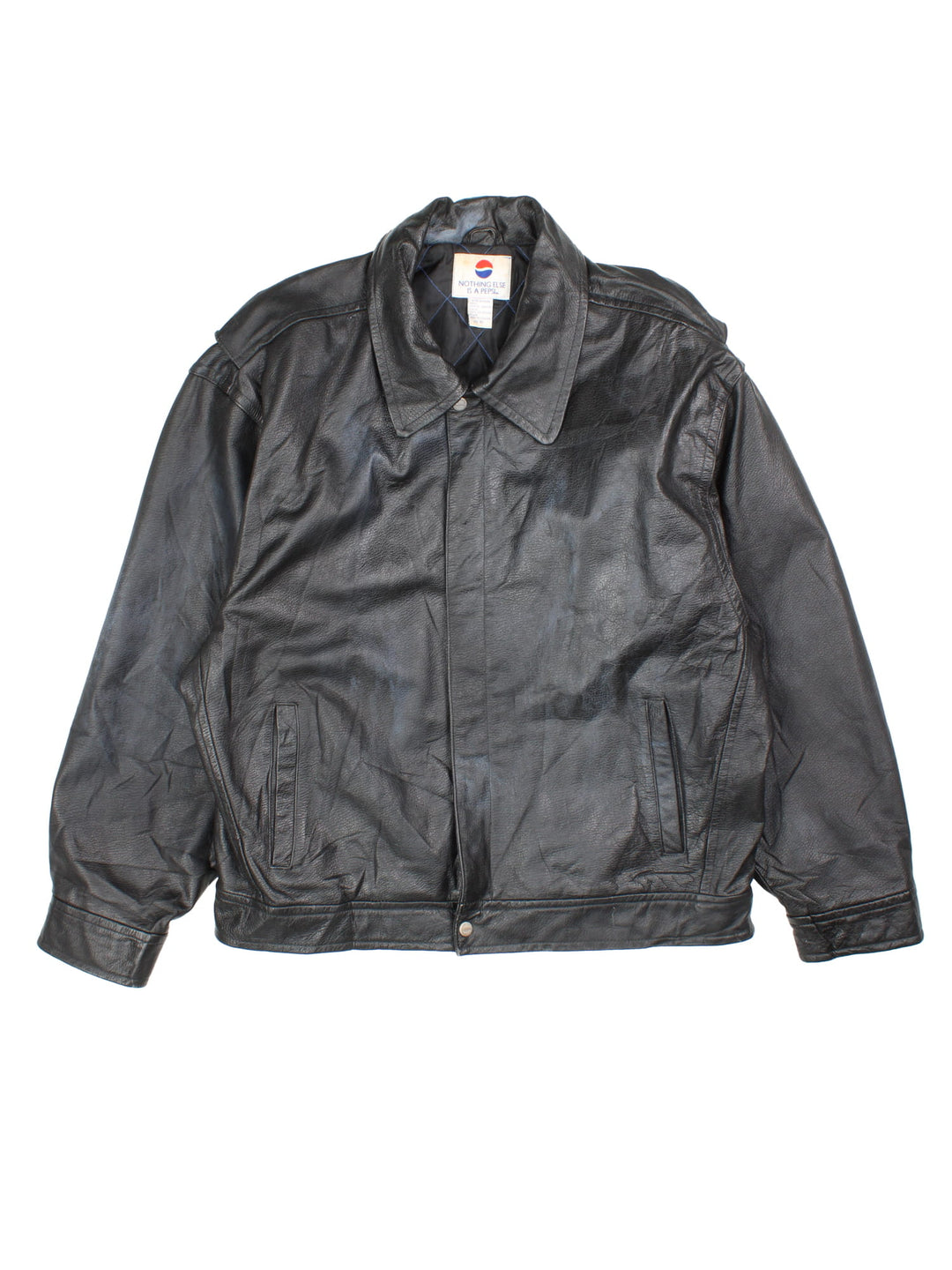 Vintage 90's Pepsi Leather Jacket in a black colourway. Full zip, pepsi logo detailing and two standard side pockets.