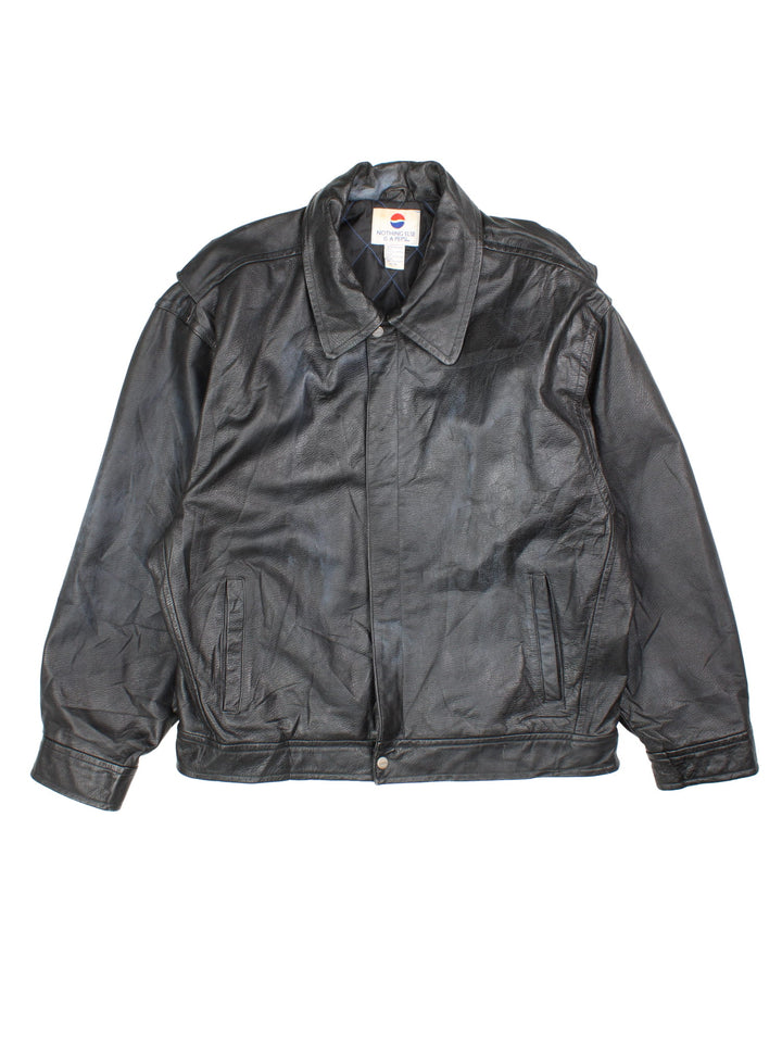 Vintage 90's Pepsi Leather Jacket in a black colourway. Full zip, pepsi logo detailing and two standard side pockets.