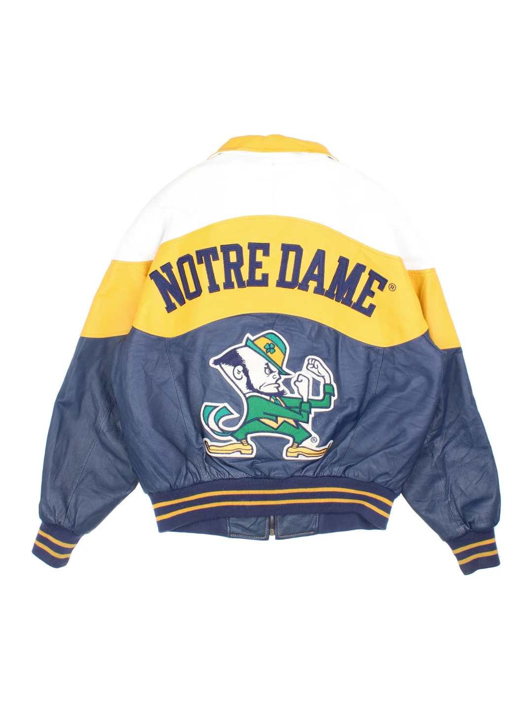 Vintage Notre Dame Fighting Irish VArsity Jacket in a blue colourway with white and yellow panelling. Full zip up and has side pockets, insulated lining, and has the logos embroidered on the front with large graphic on the back.