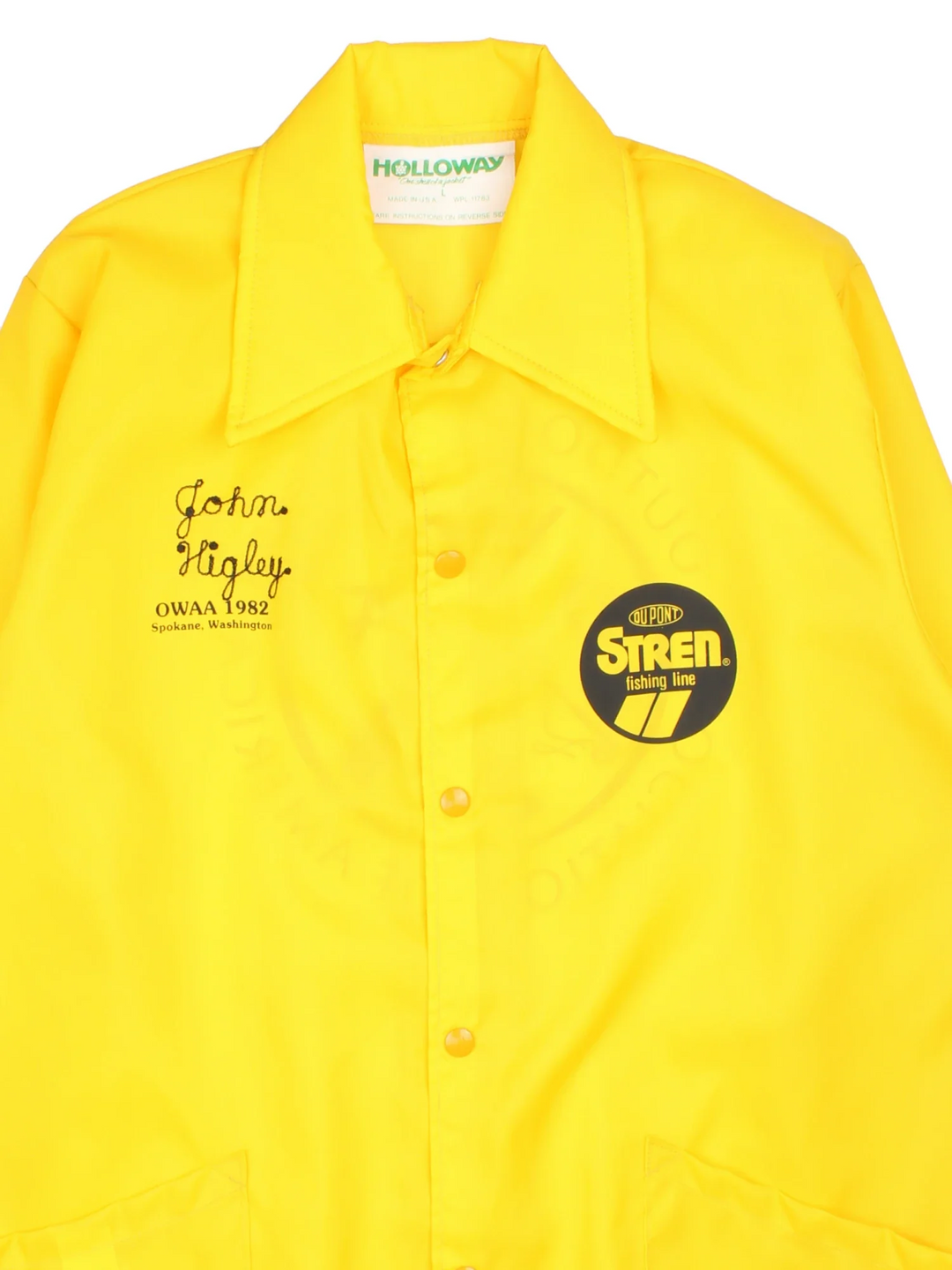 Vintage Outdoorsman Coaches Jacket in a yellow colourway. Buttons up and has side pockets, small logo on the front and larger graphic on the back.