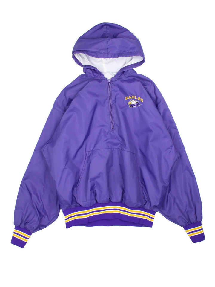 Vintage Eagles Varsity Jacket in a purple colourway with yellow and white stripe detailing. 1/4 ip with large front pocket and hood. 