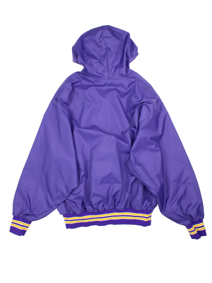 Vintage Eagles Varsity Jacket in a purple colourway with yellow and white stripe detailing. 1/4 ip with large front pocket and hood. 