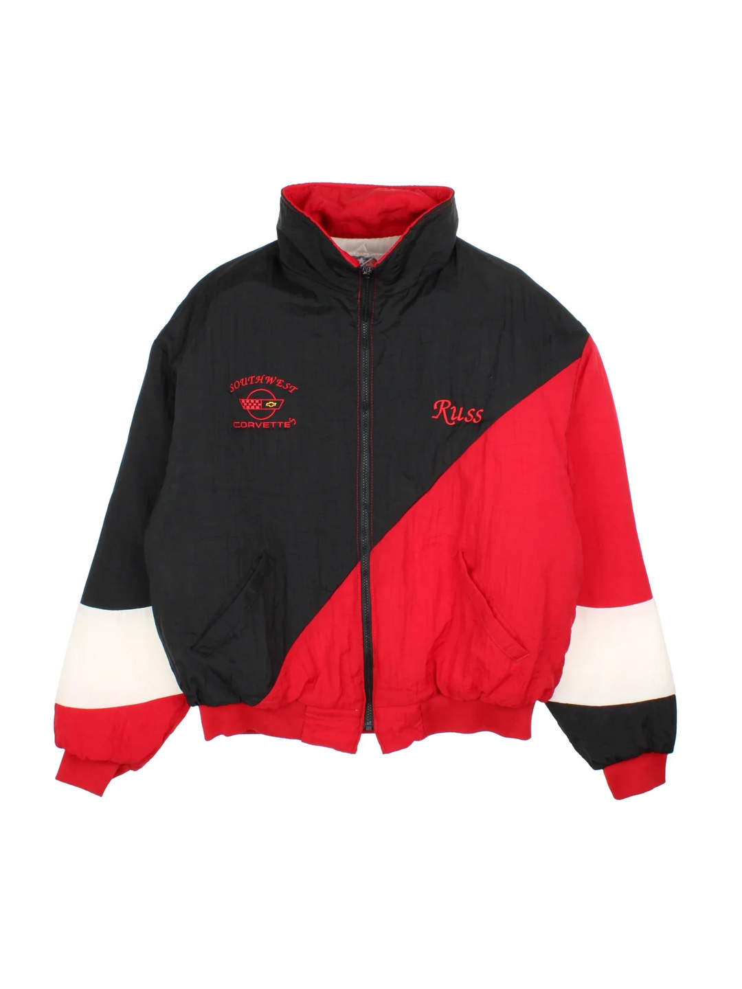 Vintage Southwest Corvette Racing Jacket in a black colourway with white and red panelling. Full zip in a bomber style with two pockets and small logo on the front and larger logo on the back.