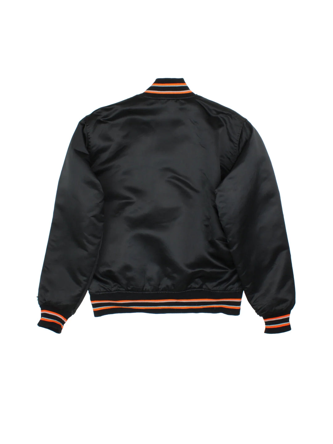 Vintage Starter San Francisco Giants Bomber Jacket in a black colourway with orange and grey detailing. Buttons up and has side pockets, quilted lining, and has the logos embroidered on the front.