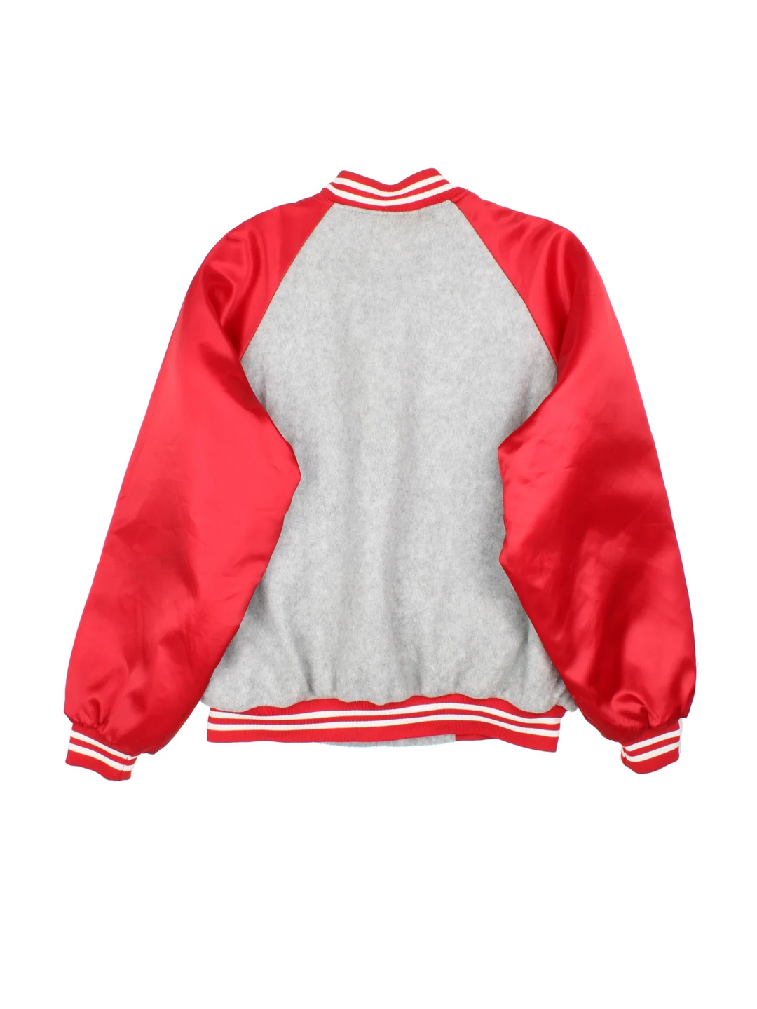 Vintage Coca-Cola Bomber Jacket in a grey colourway with red panelling and detailing. Buttons up and has side pockets, insulated with a quilted lining, and has the logos embroidered on the front.