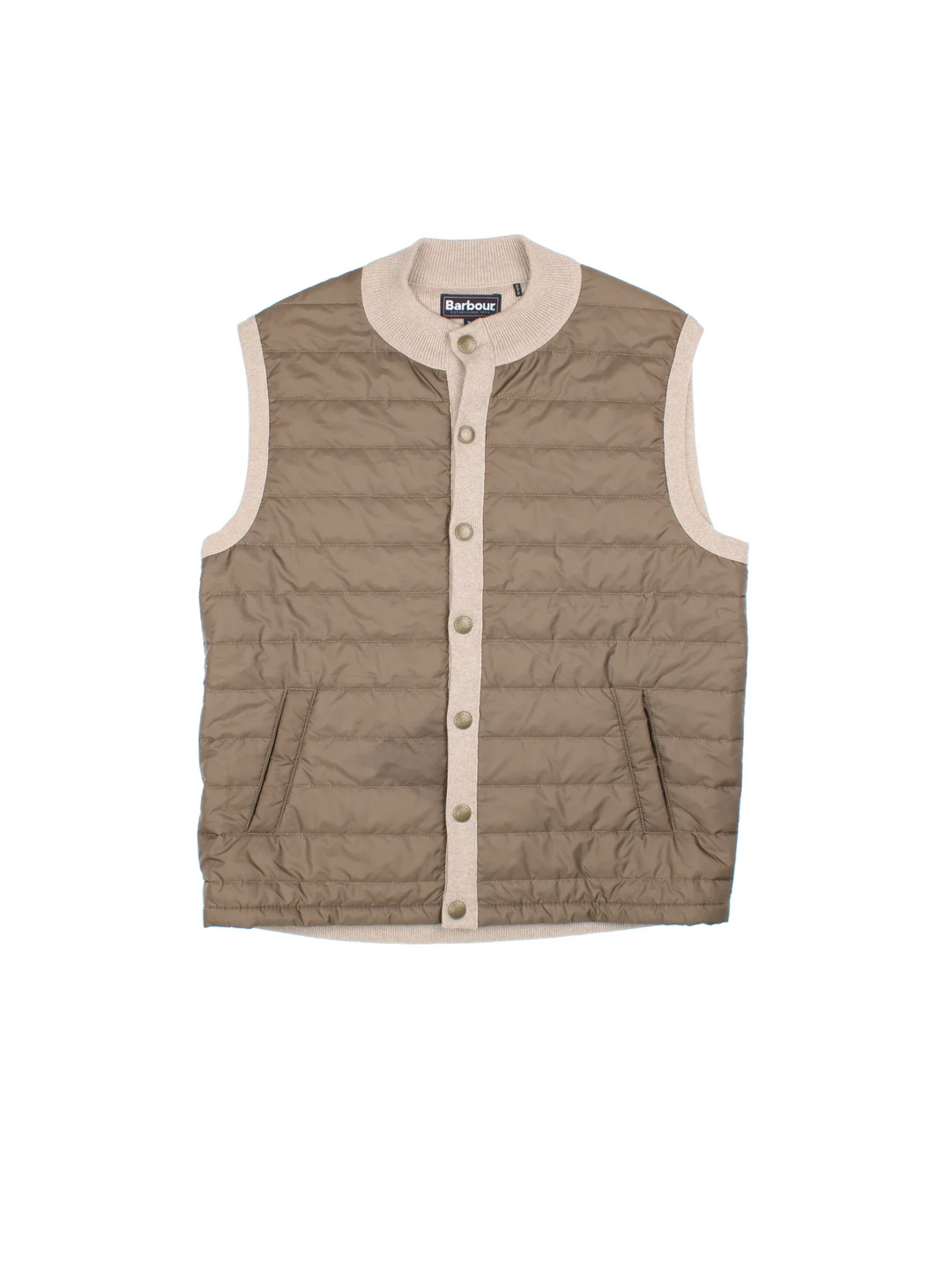Barbour Gilet in a tan colourway with tonal detailing. Full button up with tow front pockets