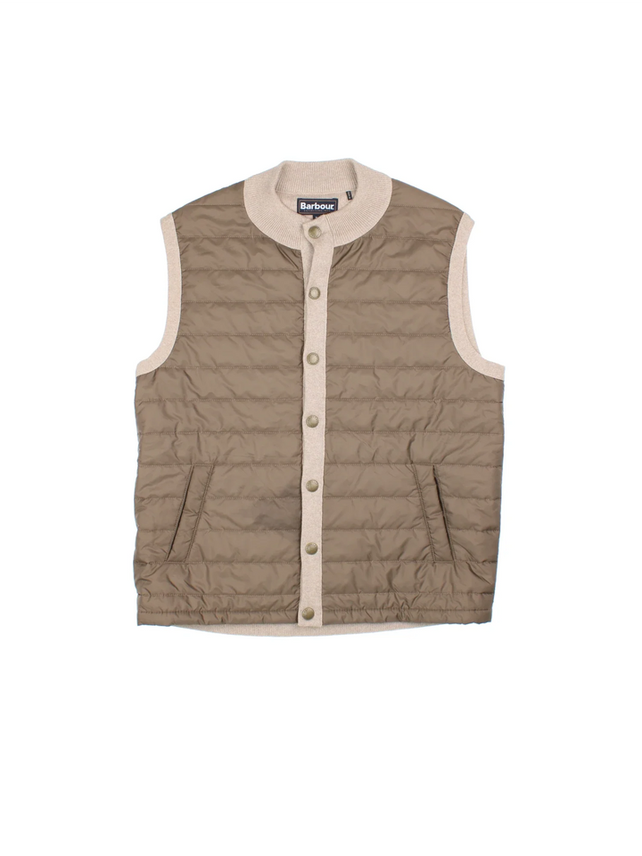 Barbour Gilet in a tan colourway with tonal detailing. Full button up with tow front pockets