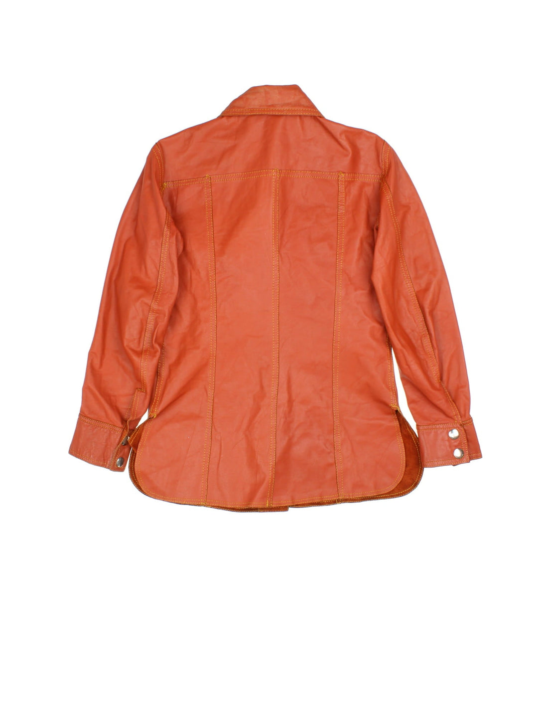 Vintage 80's Reversible Leather Jacket in a orange colourway in either a leather or suede reversible options. Buttons up and has double chest pockets, and features contrast stitching details.
