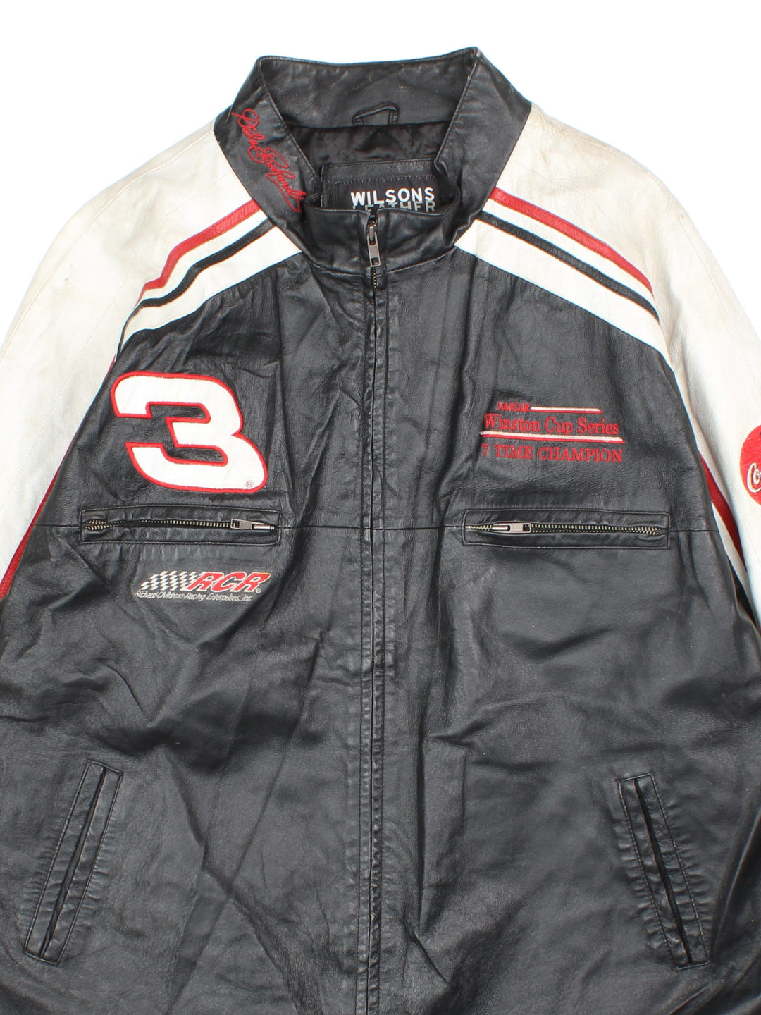 Vintage Nascar Dale Earnhardt Jr Winston Cup Series Jacket in a black and white colourway. Zips up and has multiple pockets, and the logos and sponsors embroidered all over.