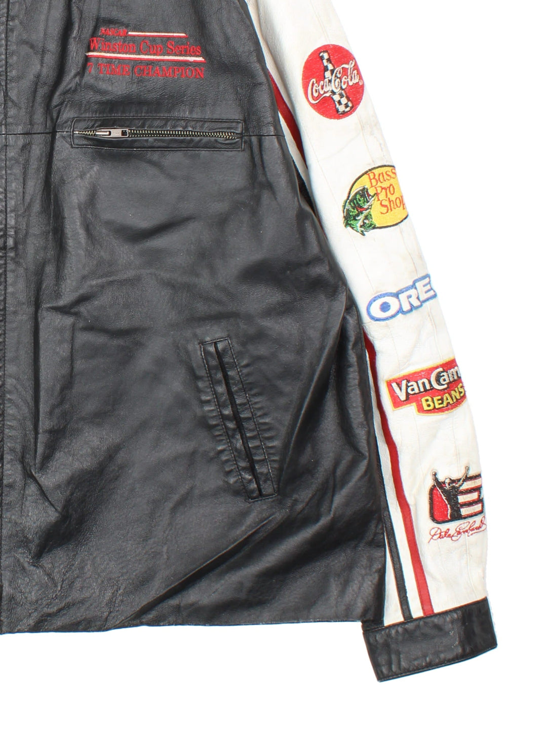 Vintage Nascar Dale Earnhardt Jr Winston Cup Series Jacket in a black and white colourway. Zips up and has multiple pockets, and the logos and sponsors embroidered all over.