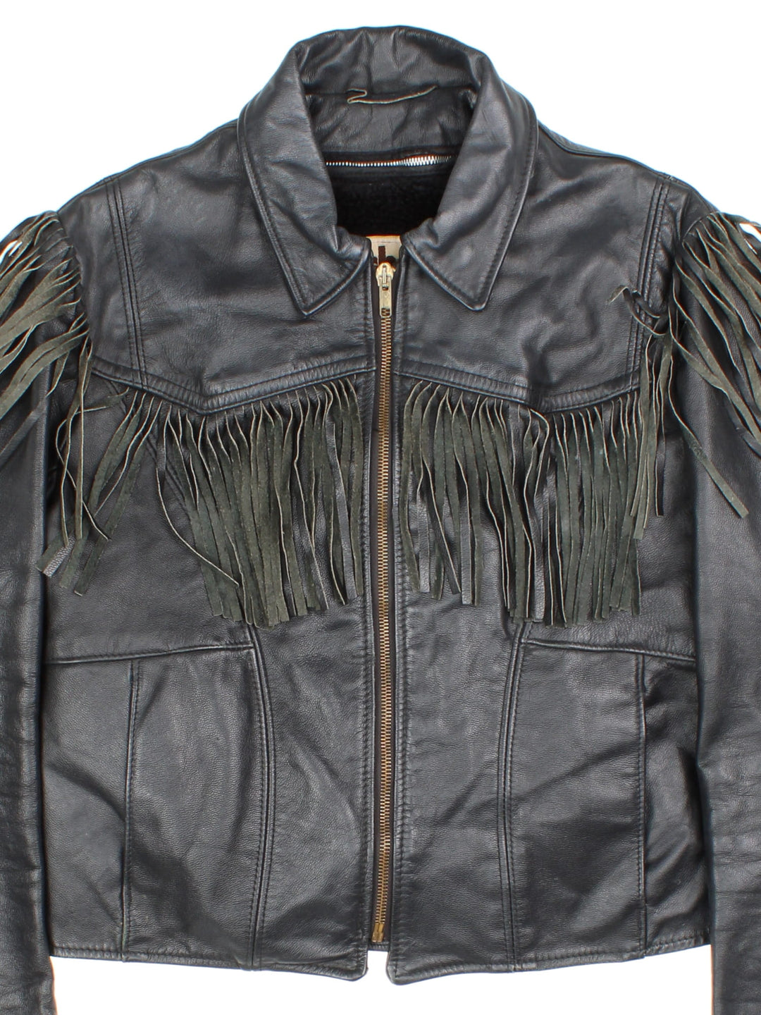 Vintage Schott Leather Fringe Jacket in a black colourway. Zips up and has side pockets, insulated with a detachable sherpa lining, and has fringe tassel details on the front, back and down the sleeves.