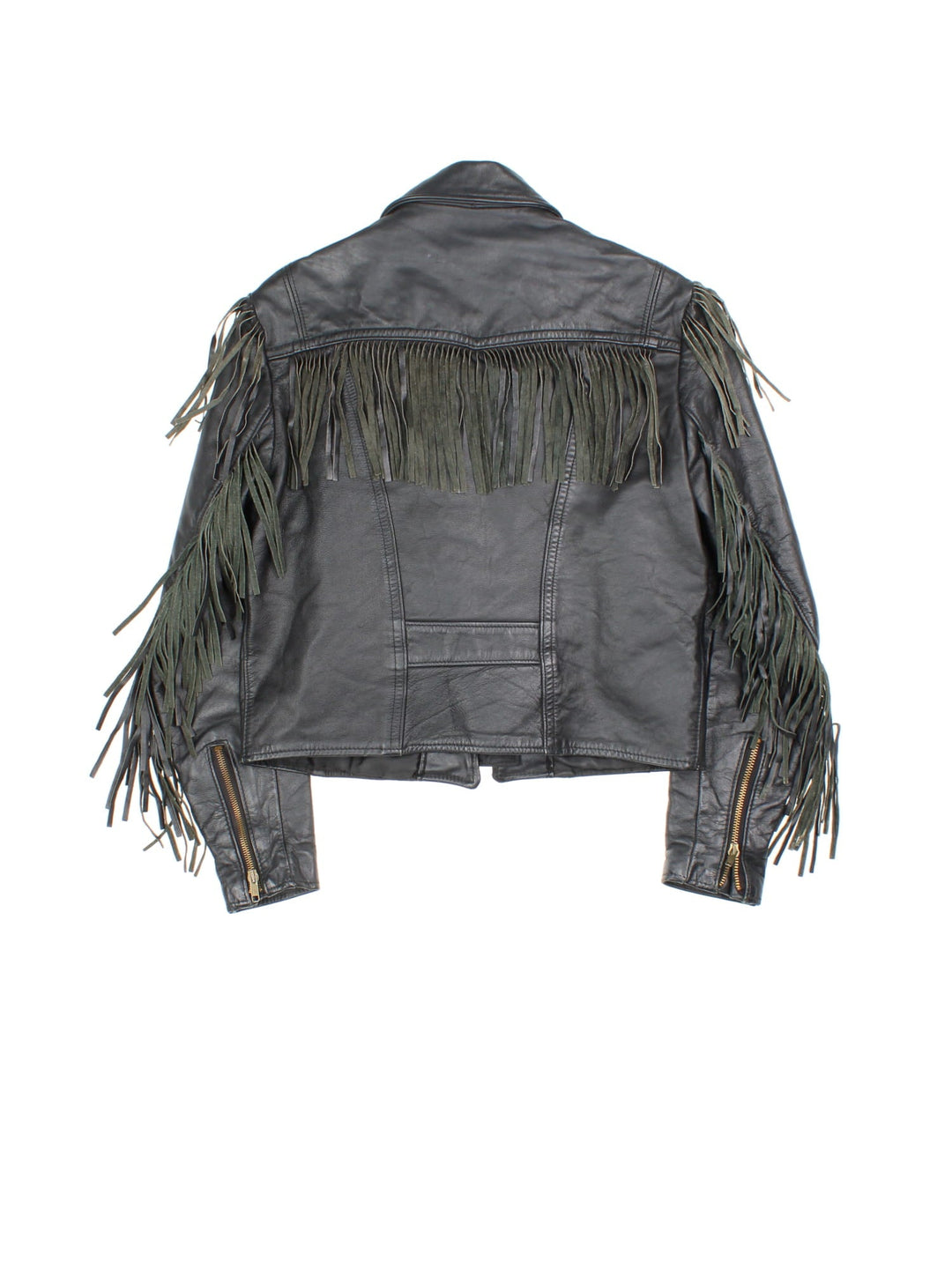 Vintage Schott Leather Fringe Jacket in a black colourway. Zips up and has side pockets, insulated with a detachable sherpa lining, and has fringe tassel details on the front, back and down the sleeves.