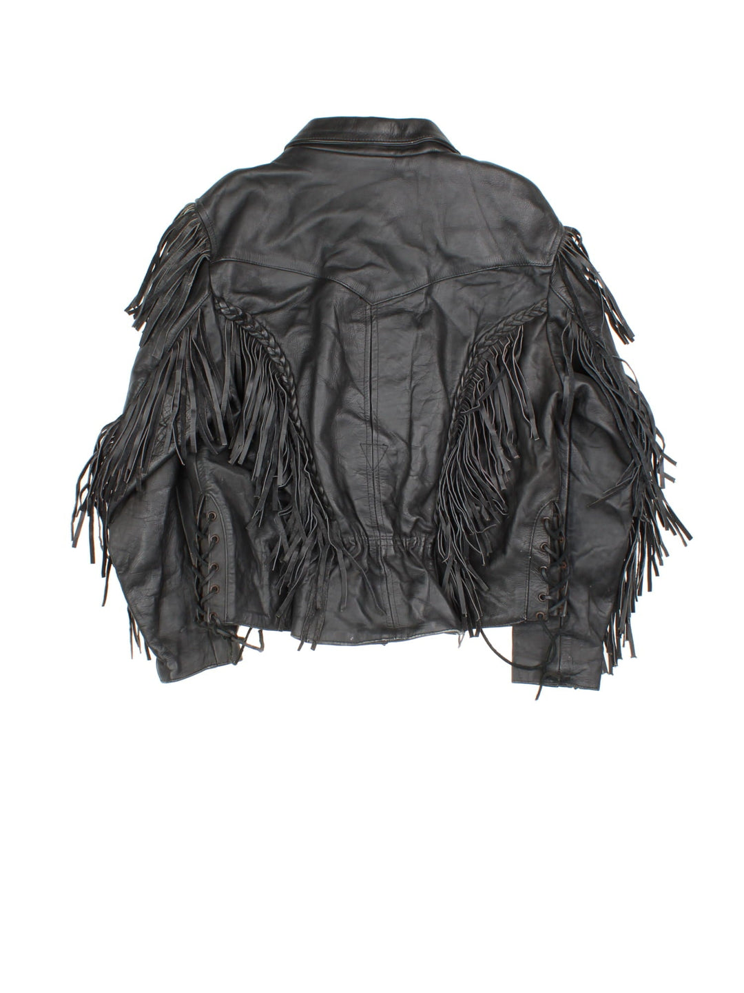 Vintage Western Leather Fringe Jacket in a black colourway. Zips up and has side pockets, and features fringe tassel detailing on the front, back and down the sleeves.