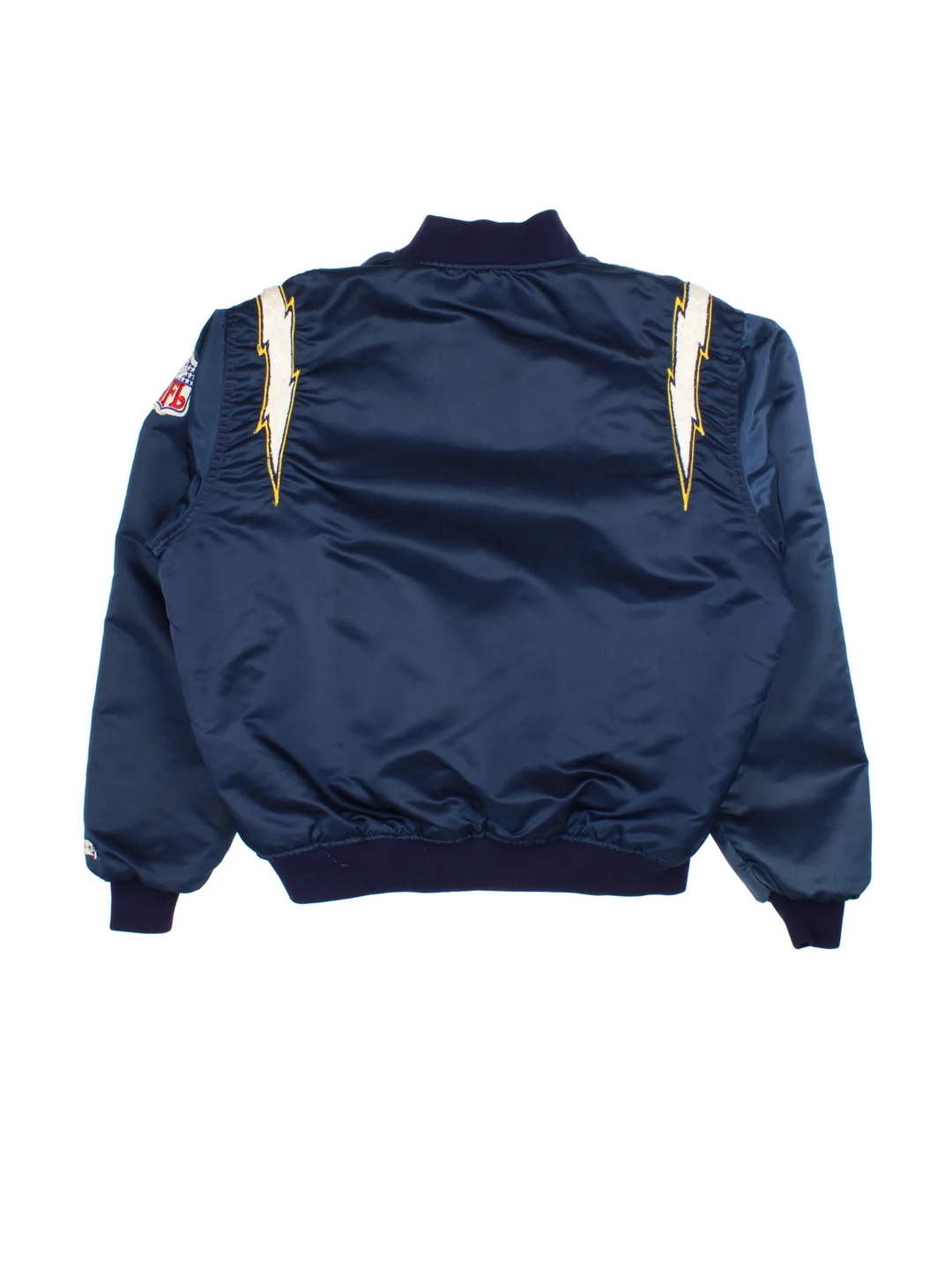 Vintage Starter San Diego Varsity Jacket in a blue colourway. Buttons up and has side pockets, has logos embroidered on the front/back and sleeve.