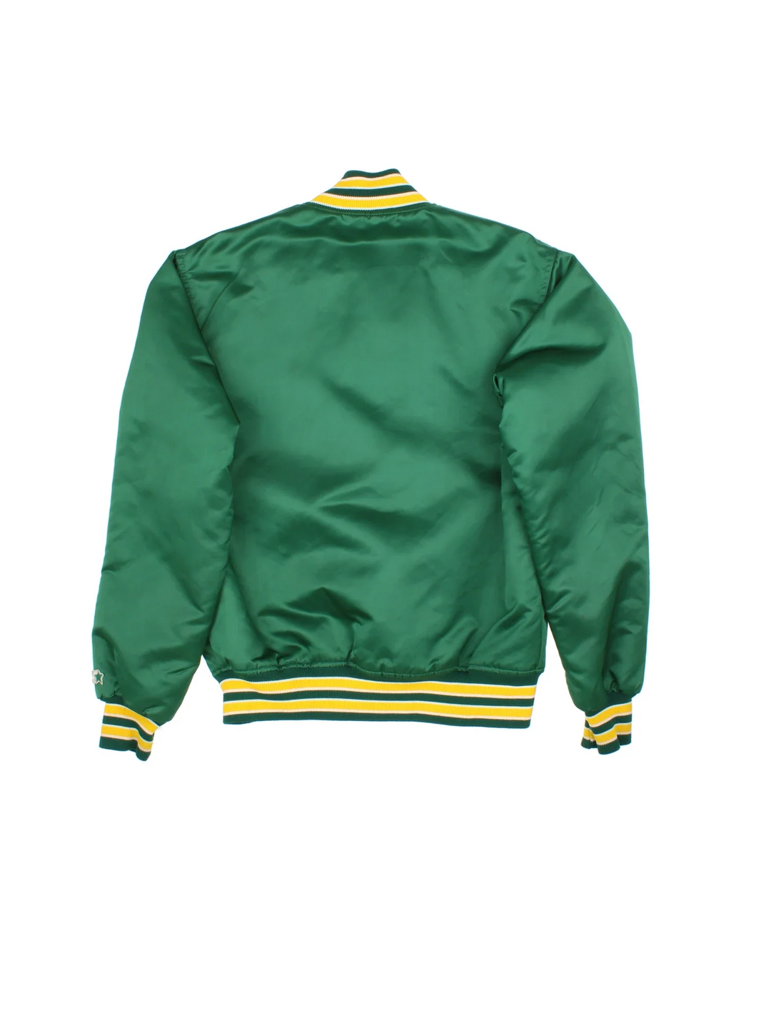 Vintage Starter Oakland A's Varsity Jacket in a green colourway. Buttons up and has side pockets, contrast cuffs and hem has logos embroidered on the front.