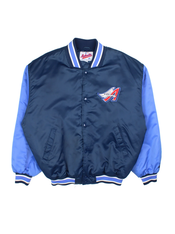 Vintage Starter Anahiem Angels Varsity Jacket in a blue colourway. Buttons up and has side pockets, contrast cuffs and hem has logos embroidered on the front and back.