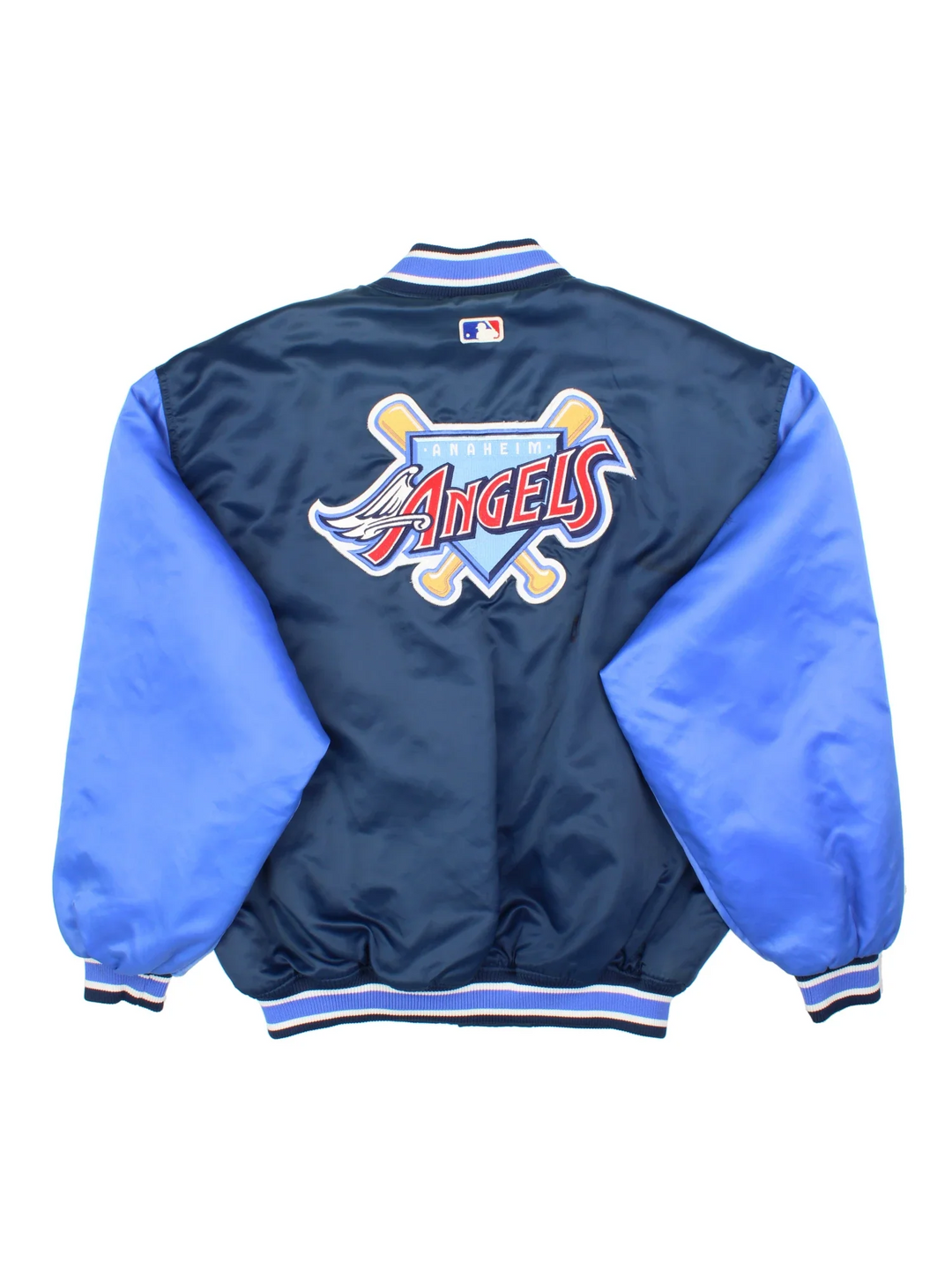 Vintage Starter Anahiem Angels Varsity Jacket in a blue colourway. Buttons up and has side pockets, contrast cuffs and hem has logos embroidered on the front and back.