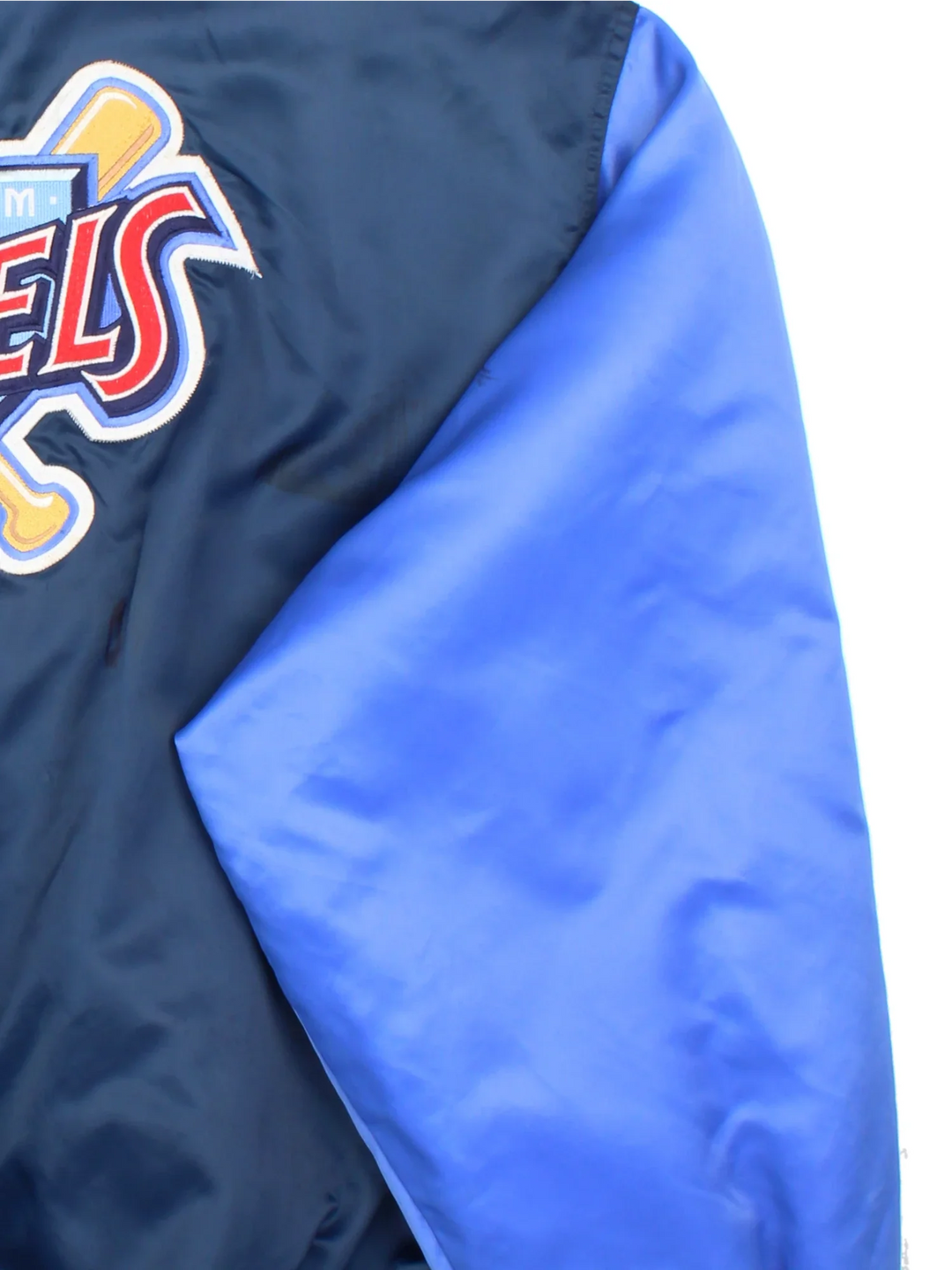 Vintage Starter Anahiem Angels Varsity Jacket in a blue colourway. Buttons up and has side pockets, contrast cuffs and hem has logos embroidered on the front and back.