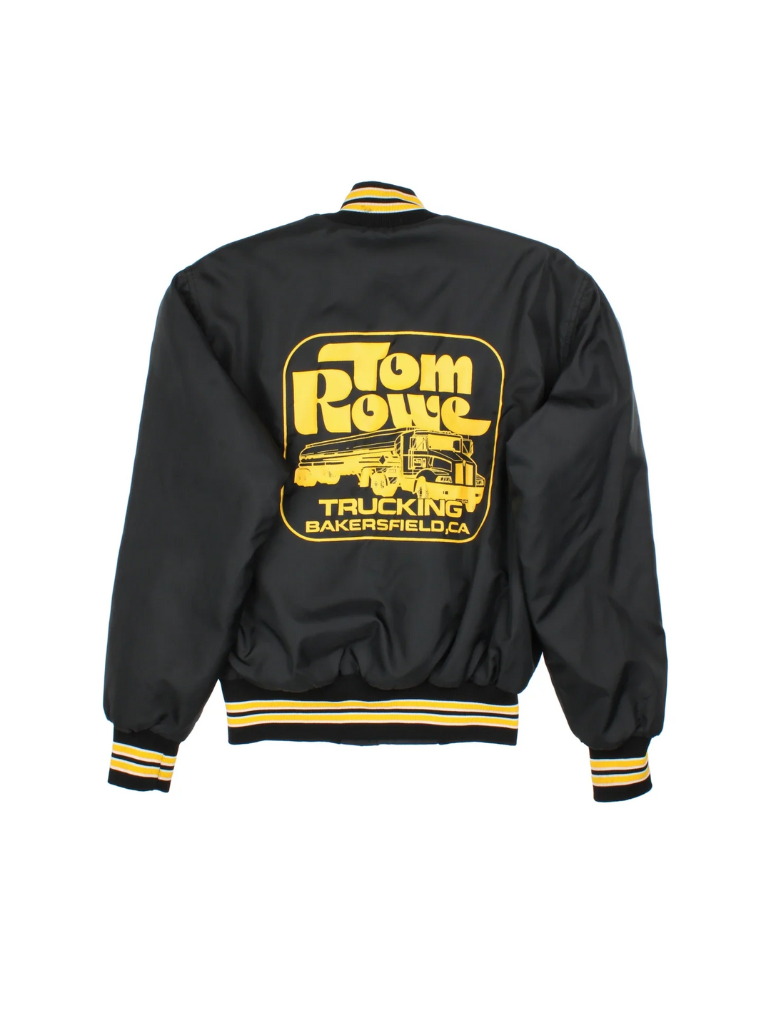 Vintage Tom Rowe Varsity Jacket in a black/yellow colourway. Buttons up and has side pockets, contrast cuffs and hem has logos printed on the front and back.