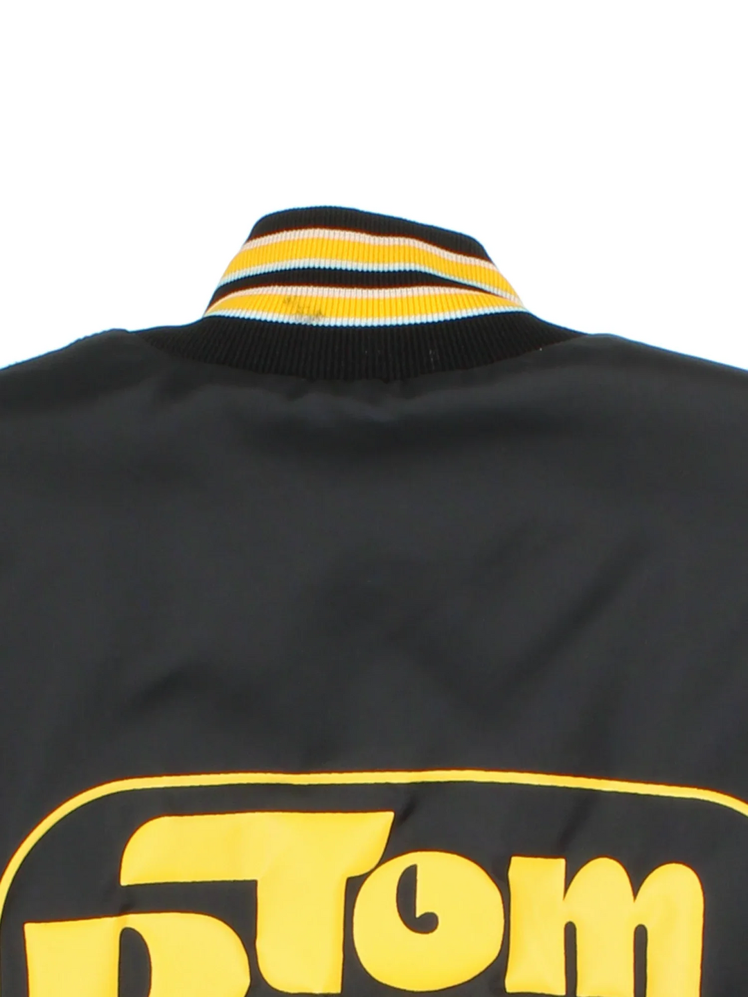 Vintage Tom Rowe Varsity Jacket in a black/yellow colourway. Buttons up and has side pockets, contrast cuffs and hem has logos printed on the front and back.