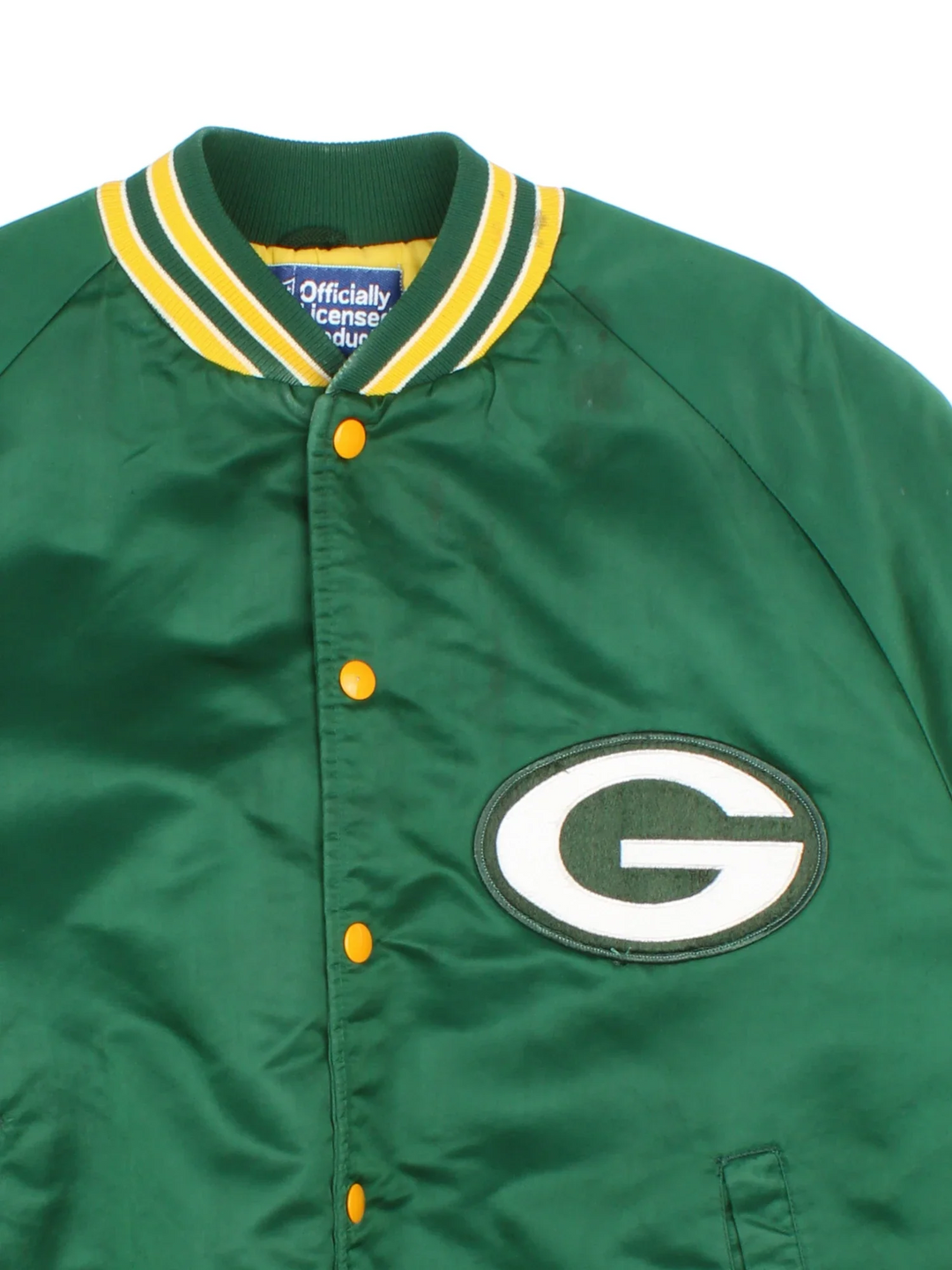 NFL Green Bay Packers Varsity Jacket in a green/yellow colourway. Buttons up with side pockets, contrast cuffs and hem. Logos embroidered on front and back.