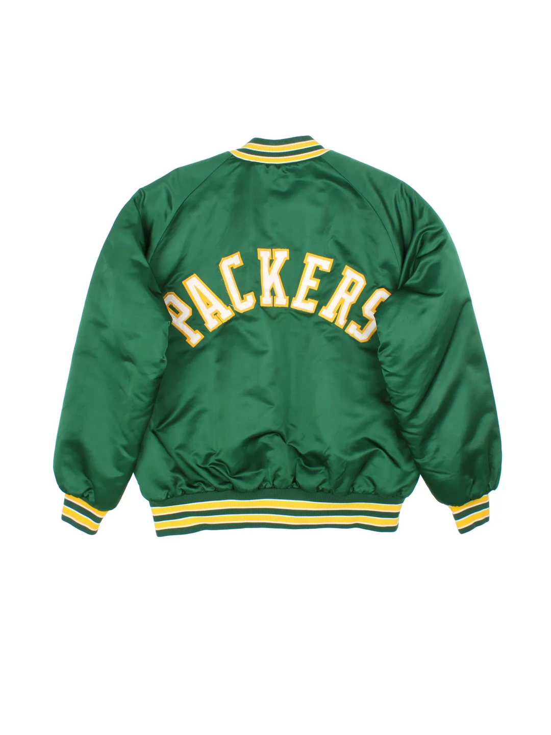 NFL Green Bay Packers Varsity Jacket in a green/yellow colourway. Buttons up with side pockets, contrast cuffs and hem. Logos embroidered on front and back.