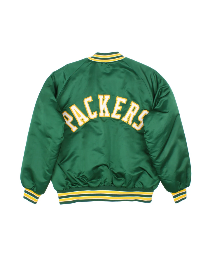 NFL Green Bay Packers Varsity Jacket in a green/yellow colourway. Buttons up with side pockets, contrast cuffs and hem. Logos embroidered on front and back.
