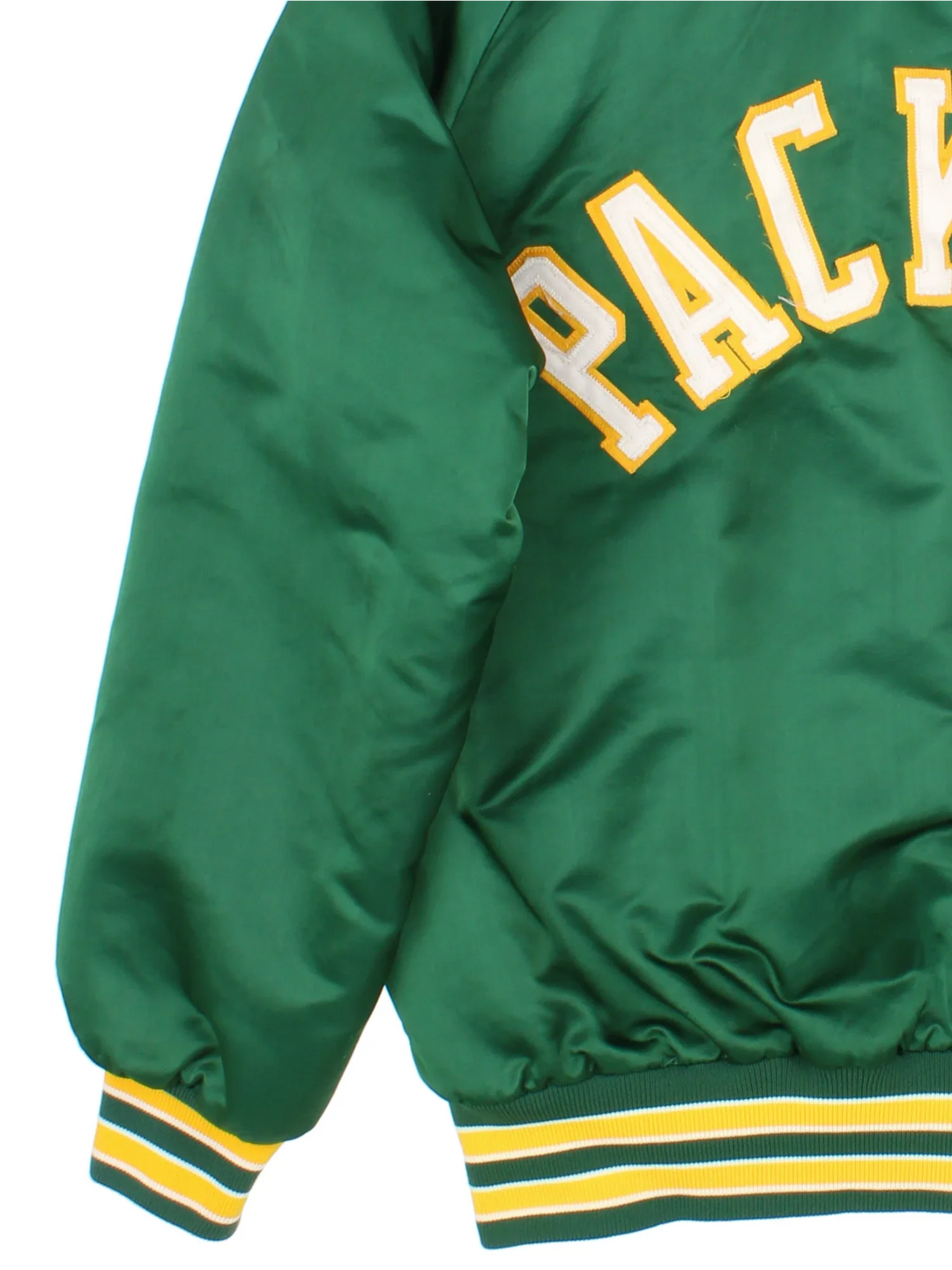 NFL Green Bay Packers Varsity Jacket in a green/yellow colourway. Buttons up with side pockets, contrast cuffs and hem. Logos embroidered on front and back.
