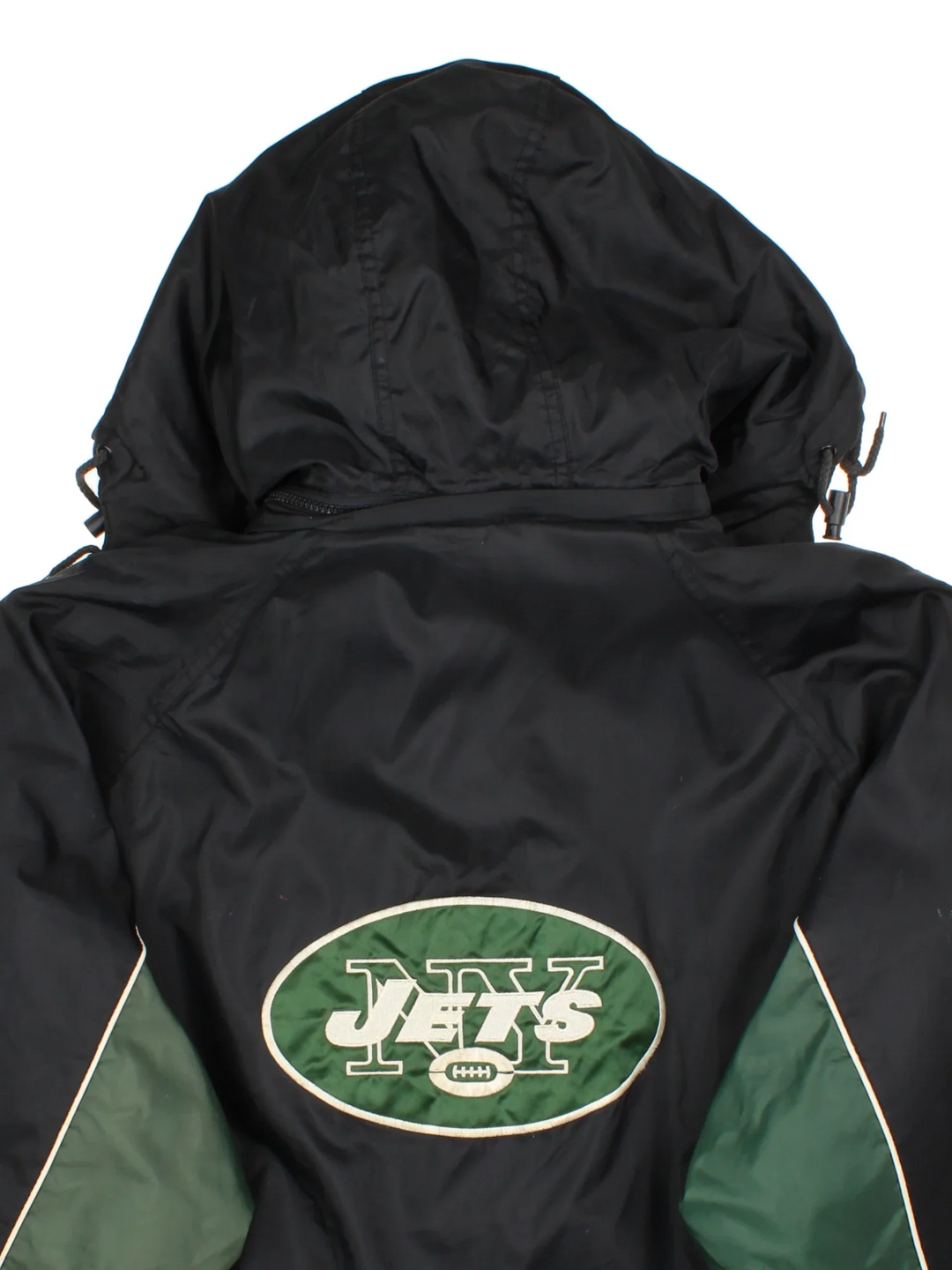 NFL New York Jets Reversible Jacket in a black/green colourway. Zips up with side pockets, elasticated cuffs and hem. Logos embroidered on front and back.
