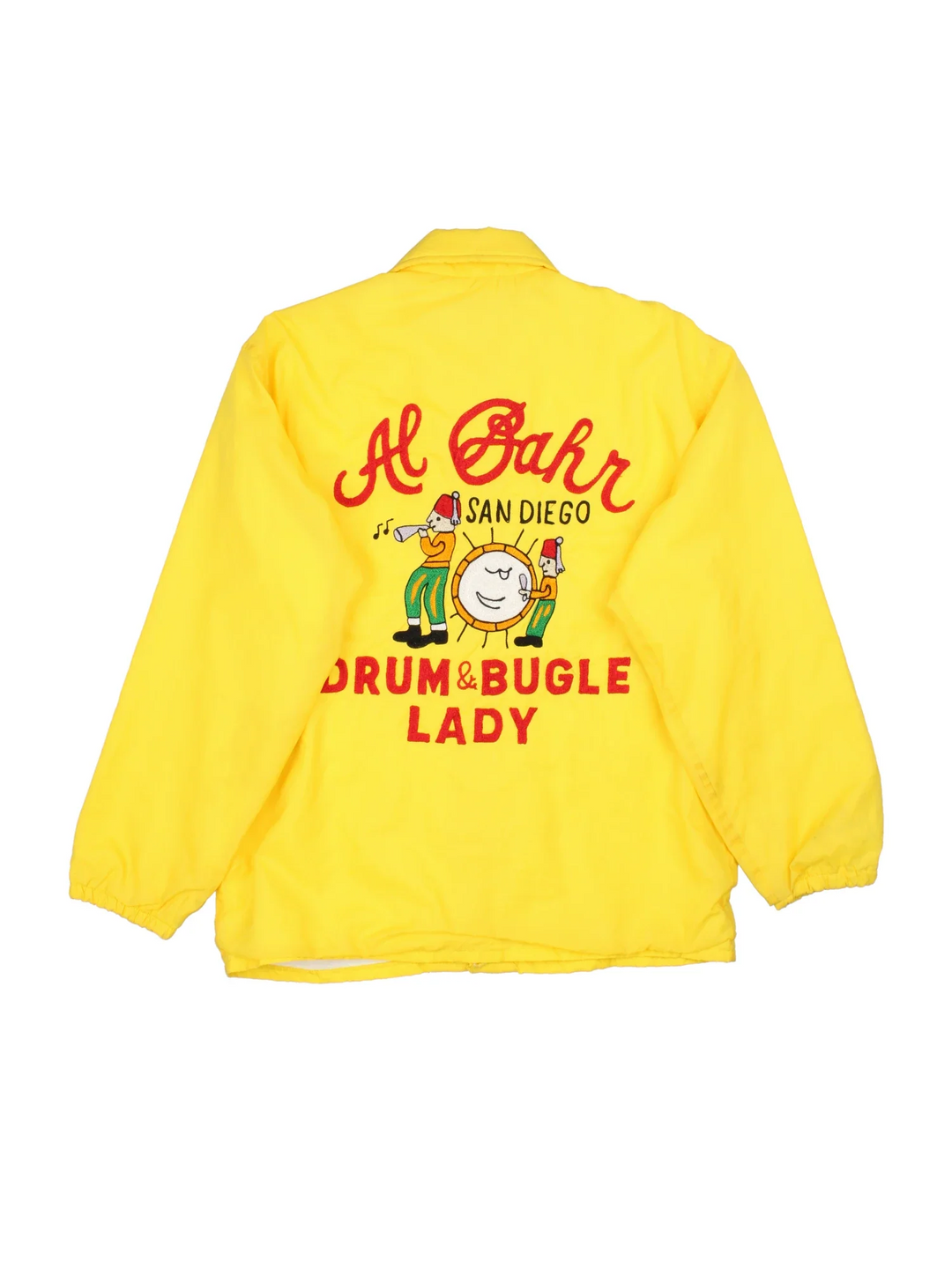 70's Vintage Coach Jacket in a yellow/multi colourway. Button popper fastening with front pockets, elasticated cuffs and hem with brushed lining. Embroidered patches and logos on front and back.