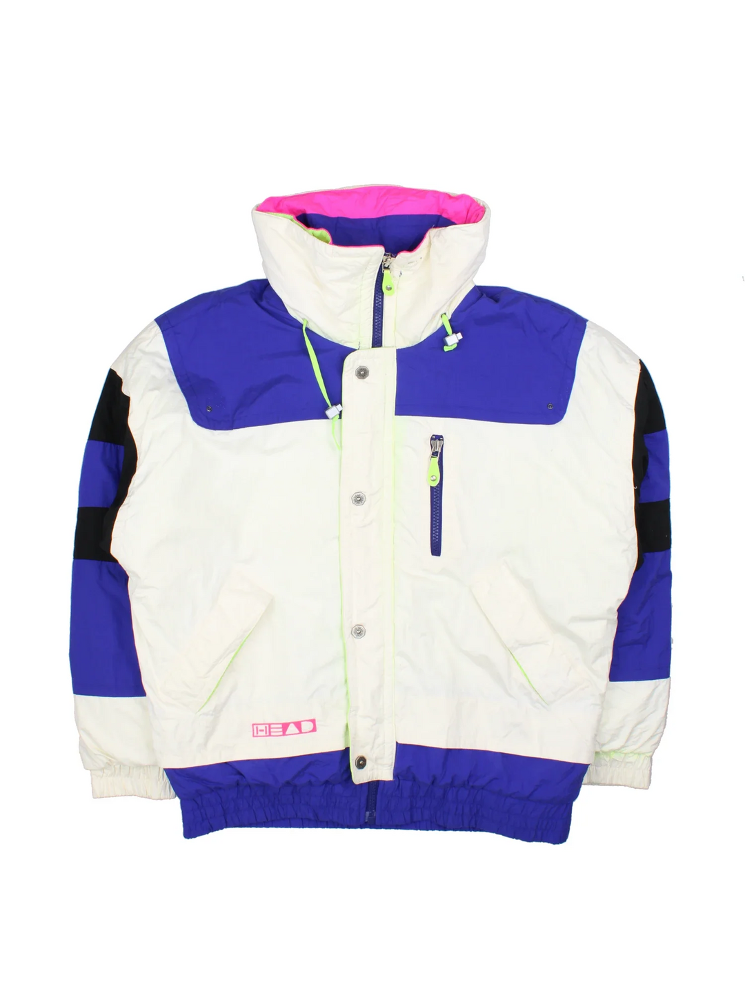 Vintage Head Ski Jacket in a white colourway with blue and black panelling and neon green detailing to zips and hardware. Full button and zip up front with multiple pockets, high collar with drawstring.Small logo on the hem.