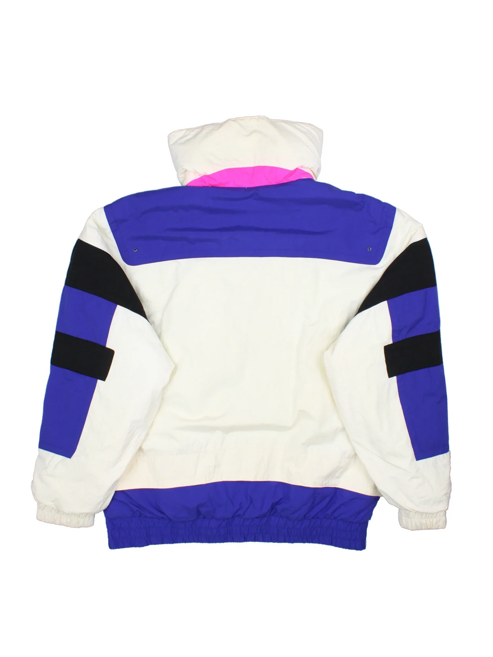 Vintage Head Ski Jacket in a white colourway with blue and black panelling and neon green detailing to zips and hardware. Full button and zip up front with multiple pockets, high collar with drawstring.Small logo on the hem.