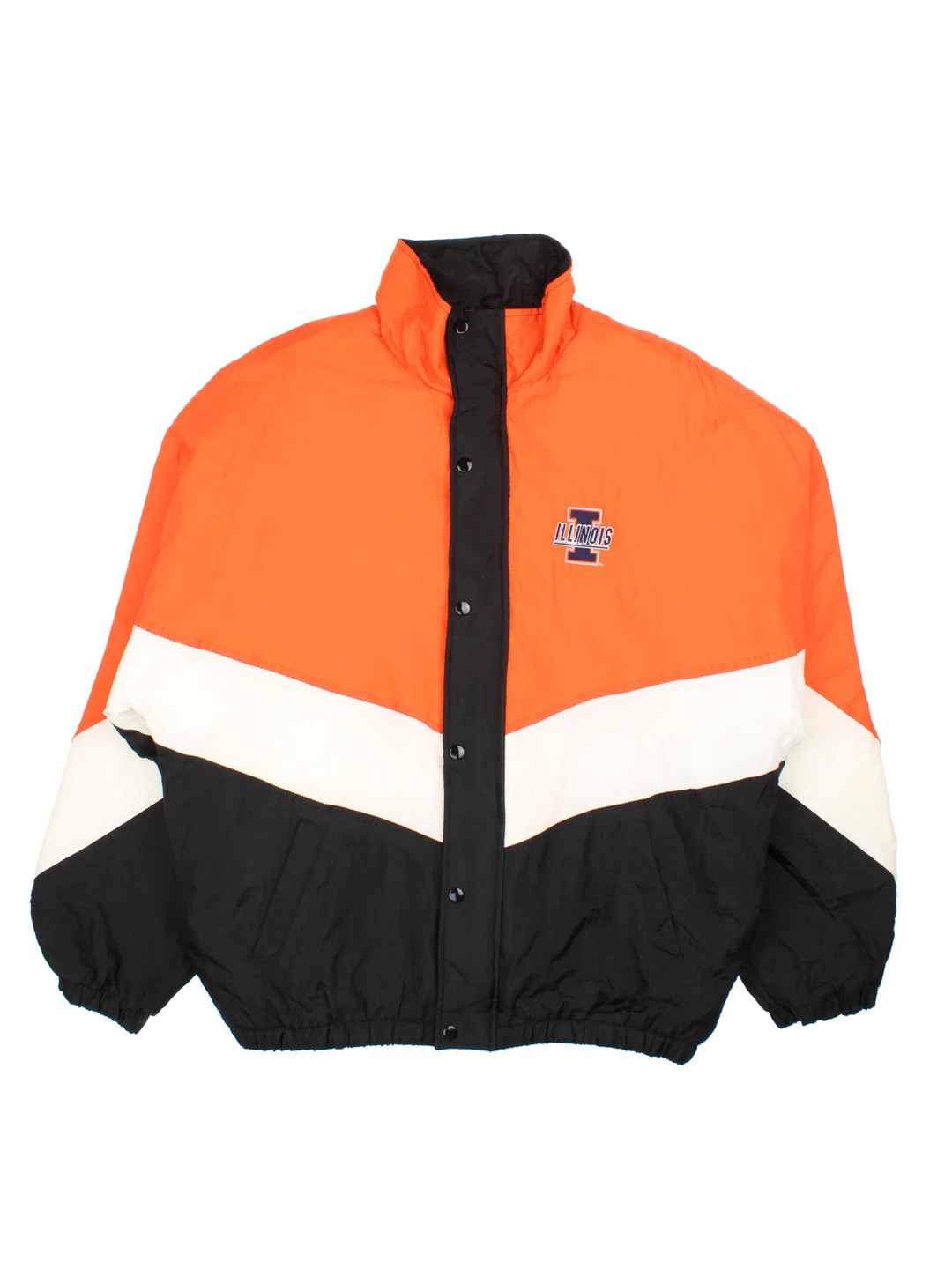 Vintage Illinois Varsity Sports Jacket in a orange colourway with white and black panelling. Full button and zip up front with multiple pockets, high collar with small logo on the chest.