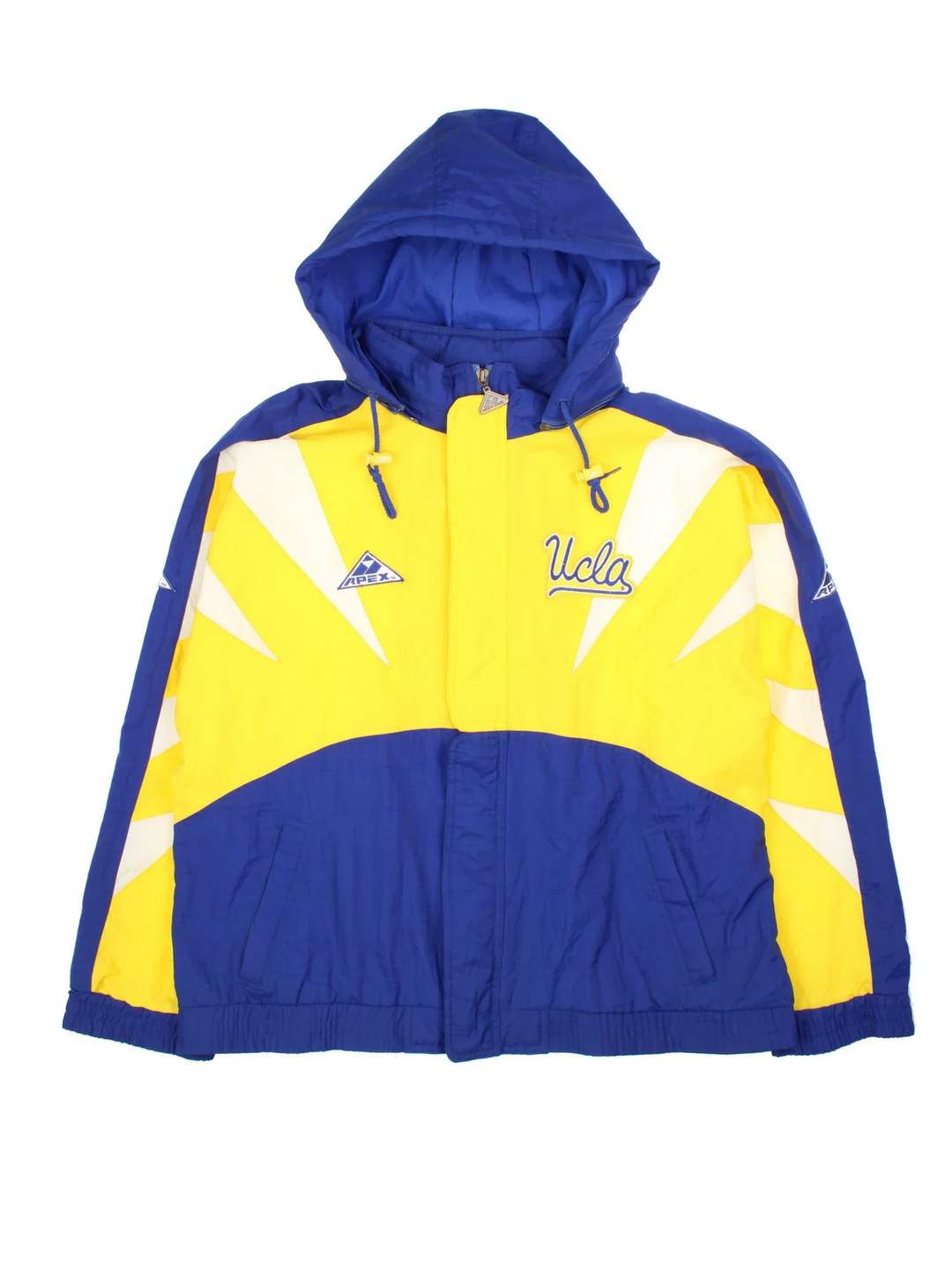 90's UCLA College Vintage Sports Jacket in a yellow colourway with blue and white panelling. Full zip and button up front with two small logo's on the front an large logo across the back.