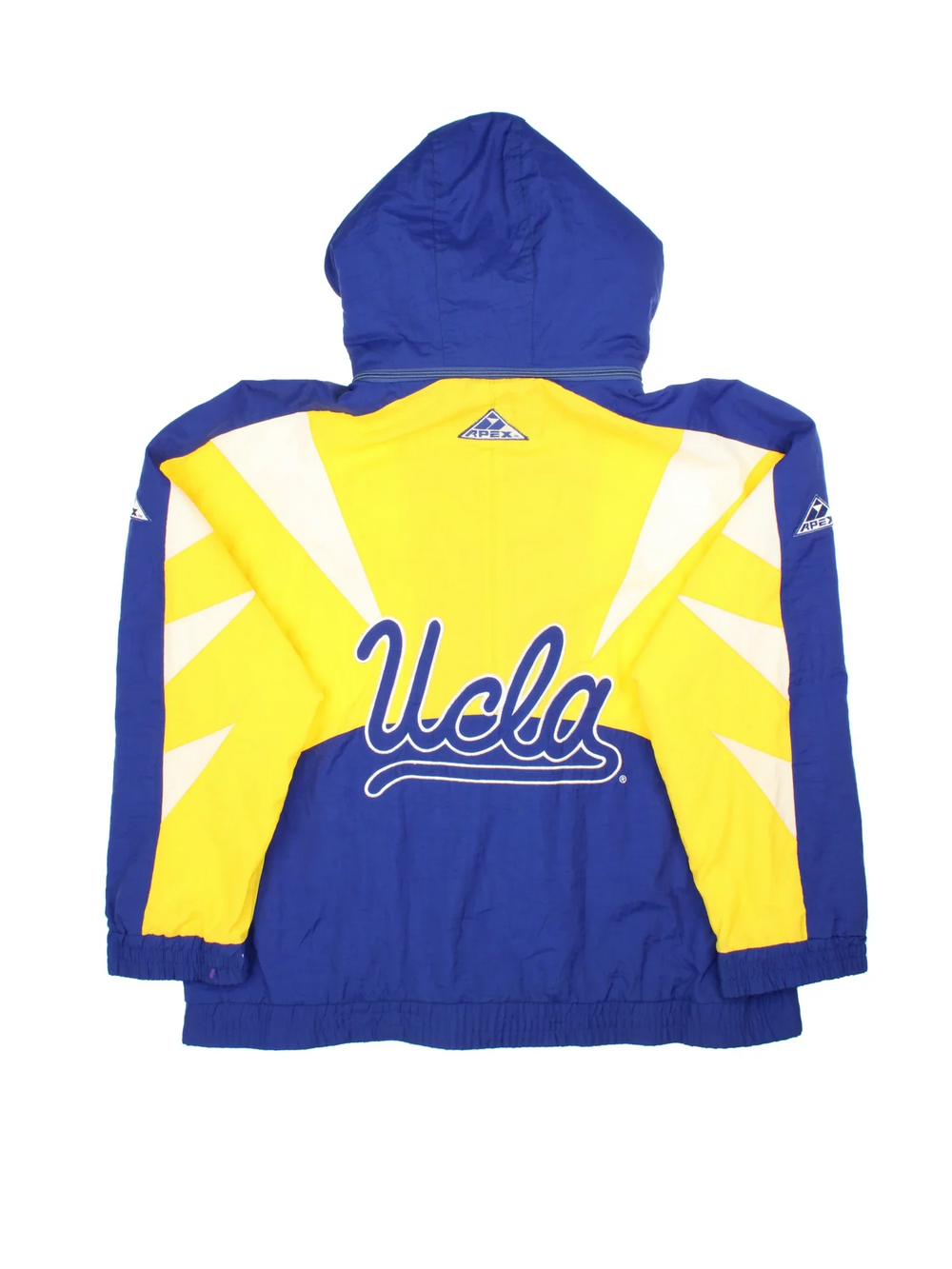90's UCLA College Vintage Sports Jacket in a yellow colourway with blue and white panelling. Full zip and button up front with two small logo's on the front an large logo across the back.