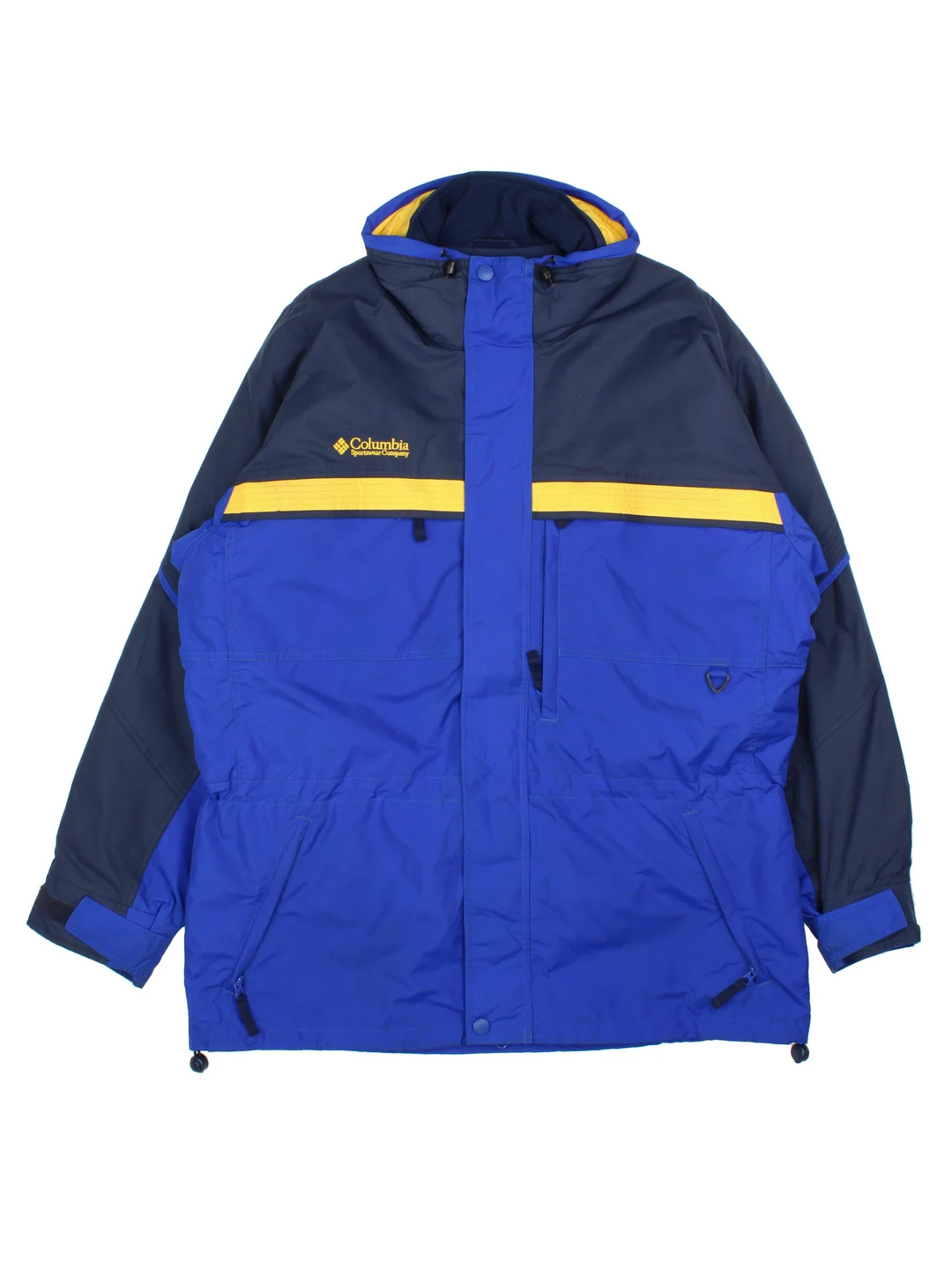 90's Columbia Gizzmo Jacket in a blue colourway with yellow and black panelling. Full button and zip up front with multiple pockets, high collar with small logo on the chest.