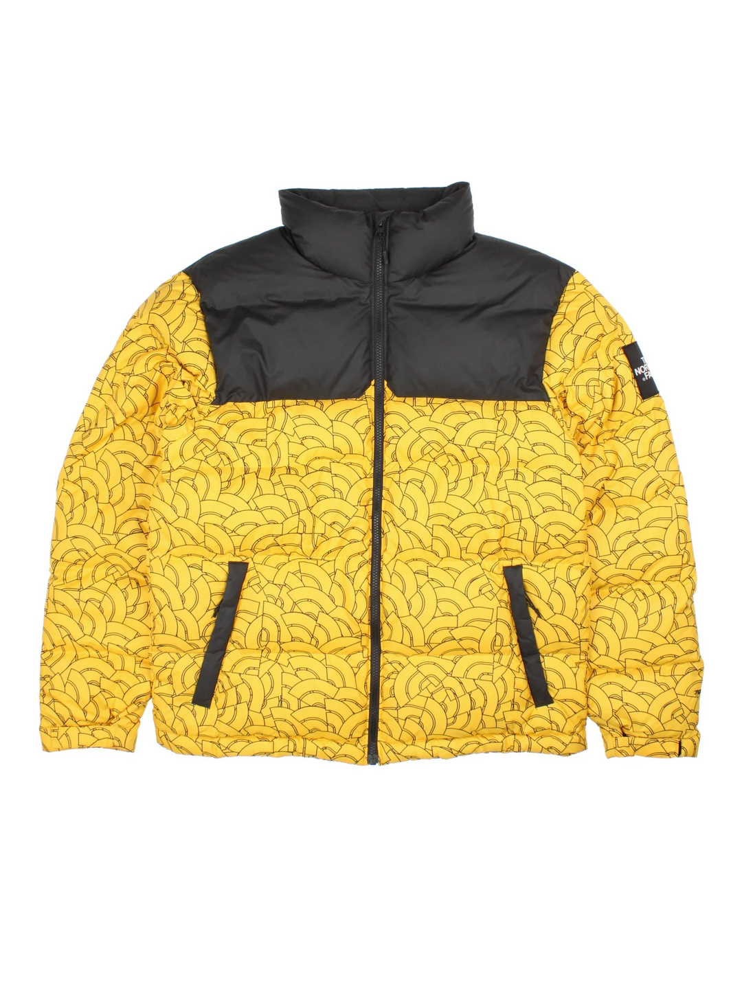 The North Face 92 Nuptse Jacket in a yellow colourway with black panelling on the shoulders and aztec patterning all over. Small classic logo on the sleeve and bakc.