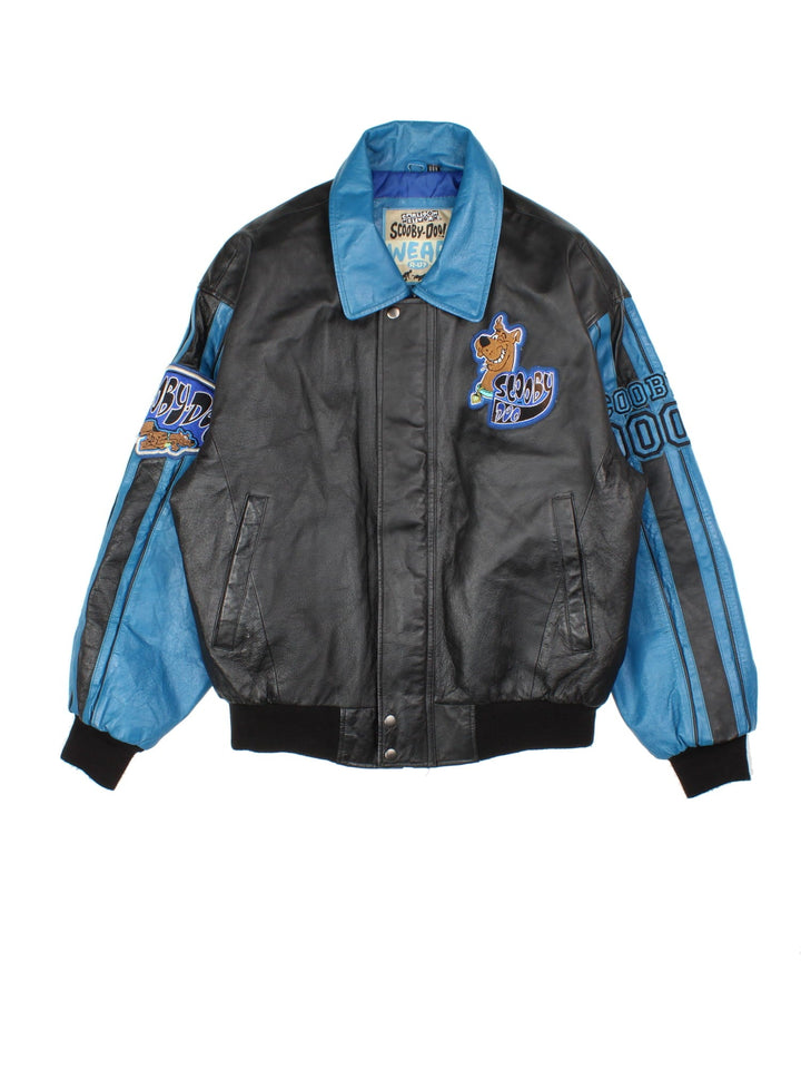 Vintage Scooby-Do Wear R U? Leather Varsity Jacket in a black and blue colourway. Zips up and has side pockets, and the spell out and character graphic embroidered on the front and back.